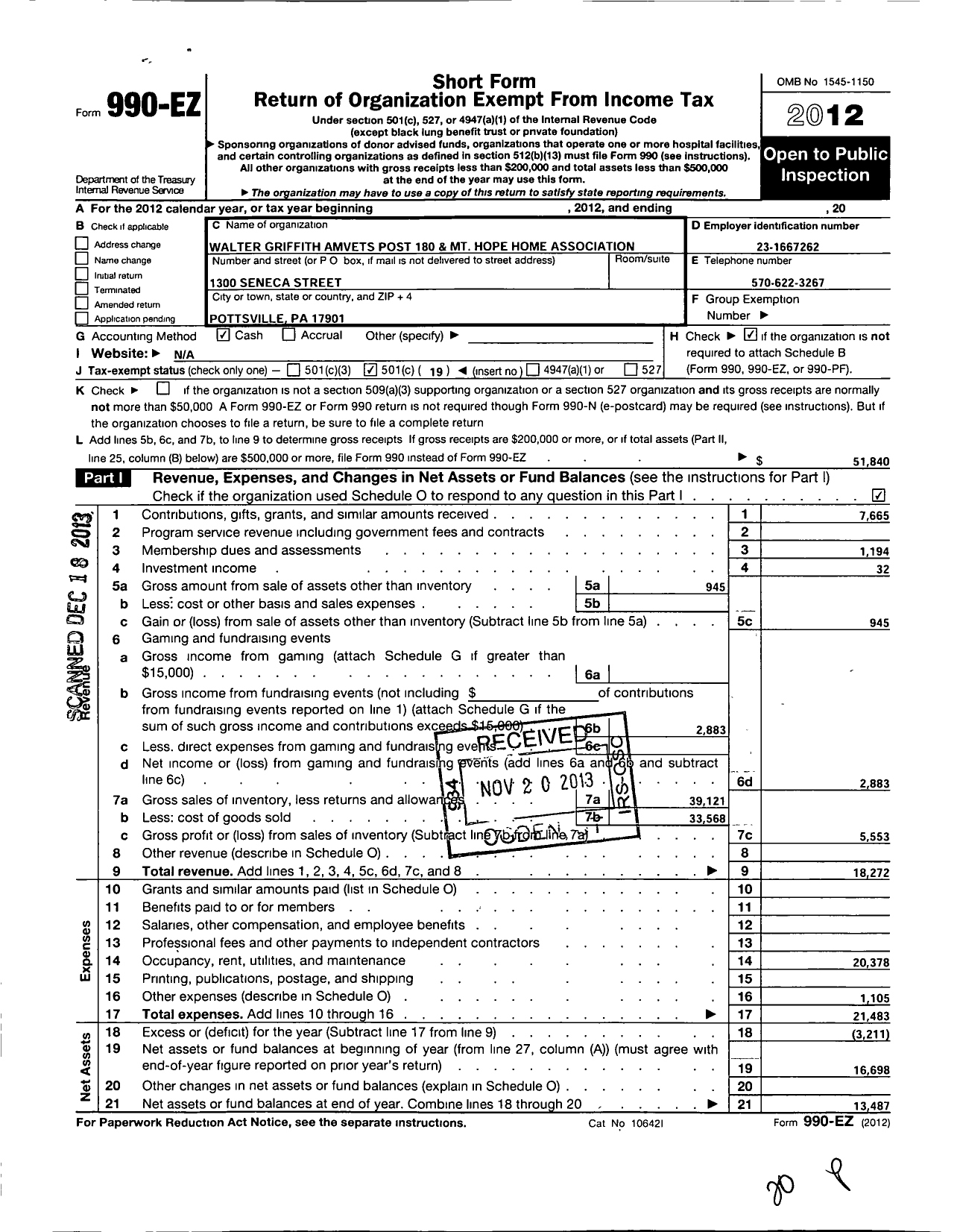 Image of first page of 2012 Form 990EO for AMVETS - 0180 Pa