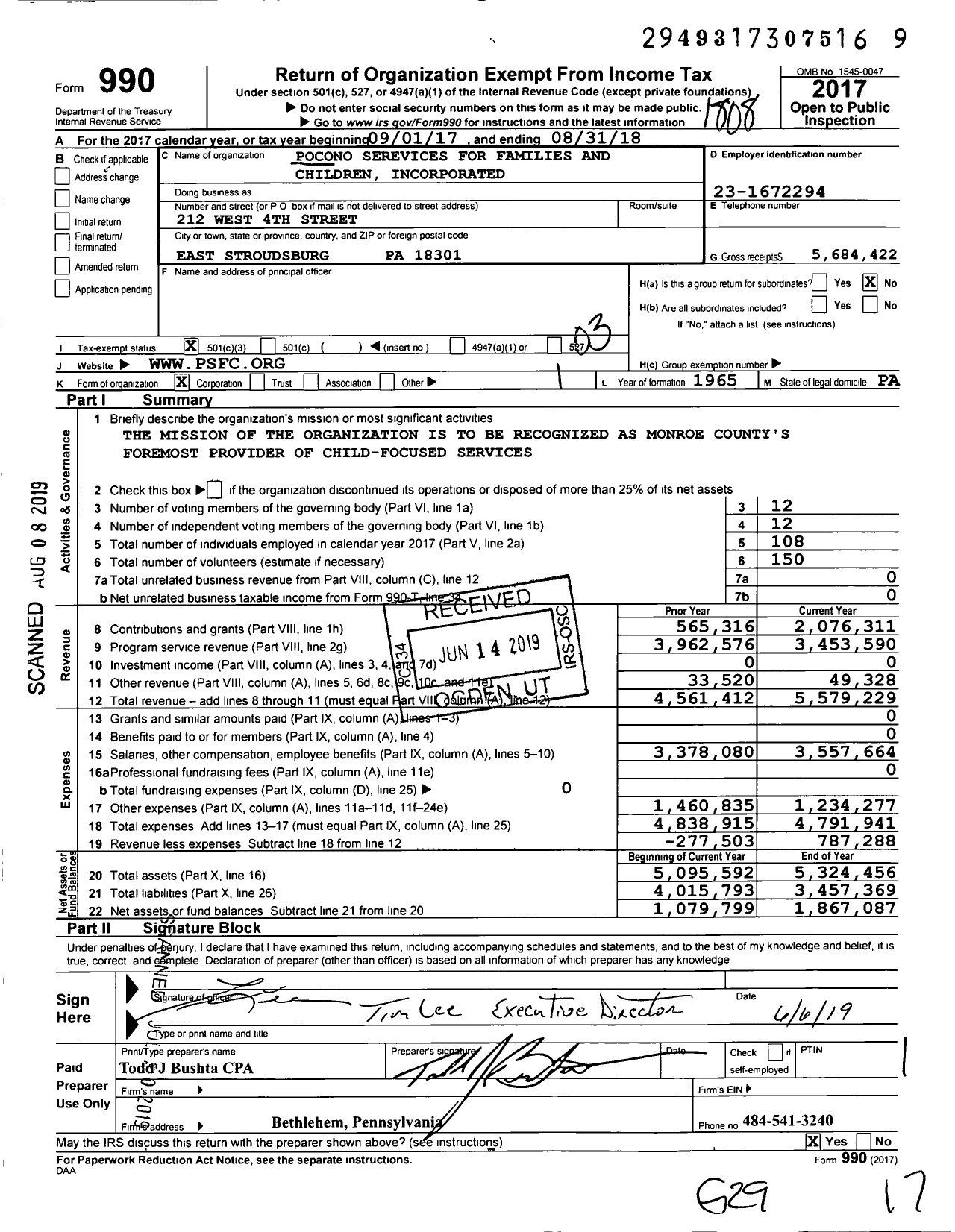Image of first page of 2017 Form 990 for Pocono Services for Families and Children Incorporated