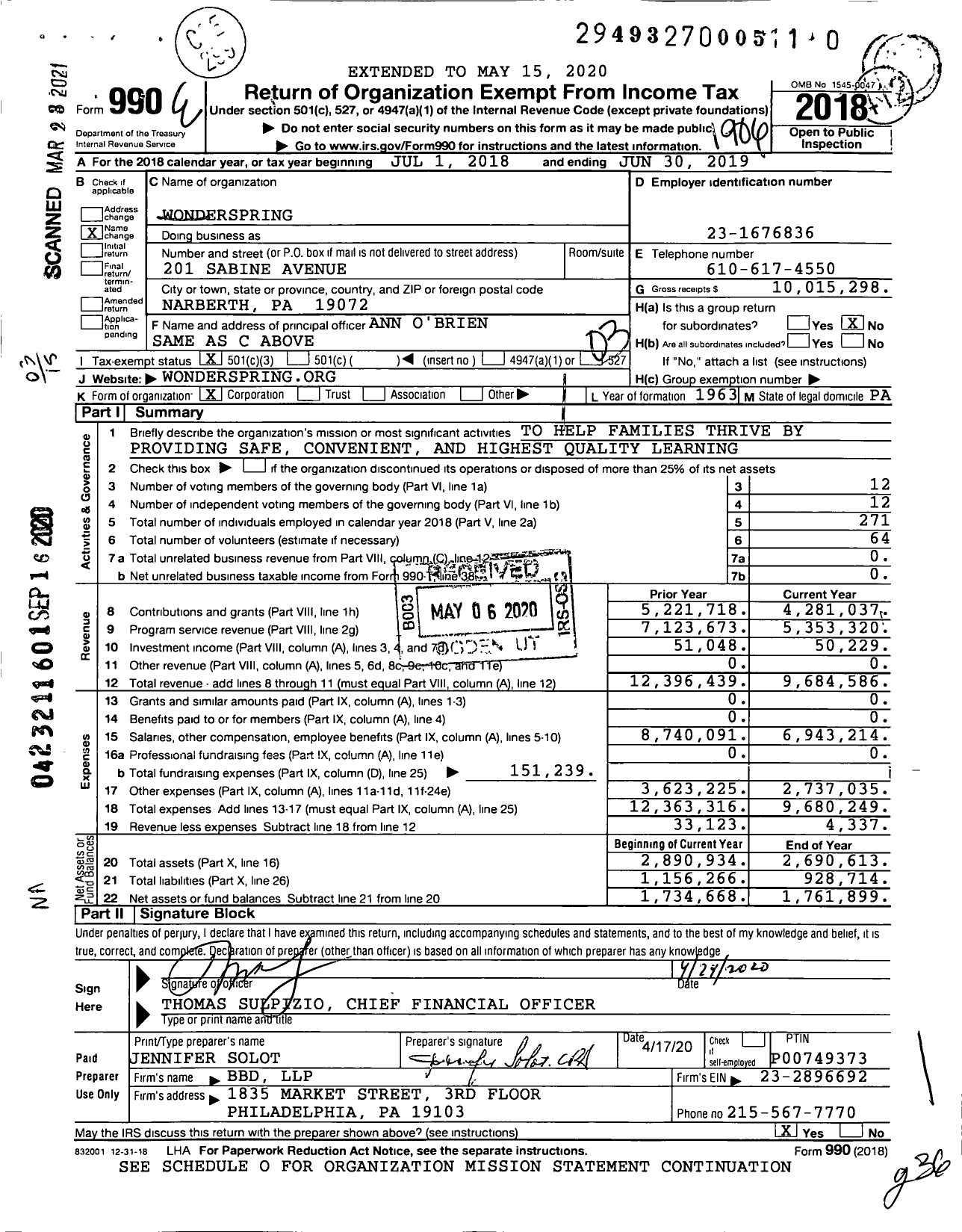Image of first page of 2018 Form 990 for Wonderspring (MELC)