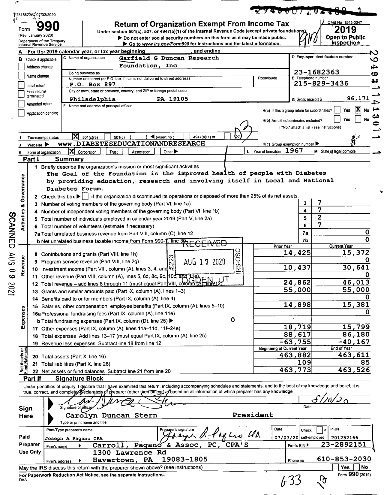 Image of first page of 2019 Form 990 for Garfield G Duncan Research Foundation