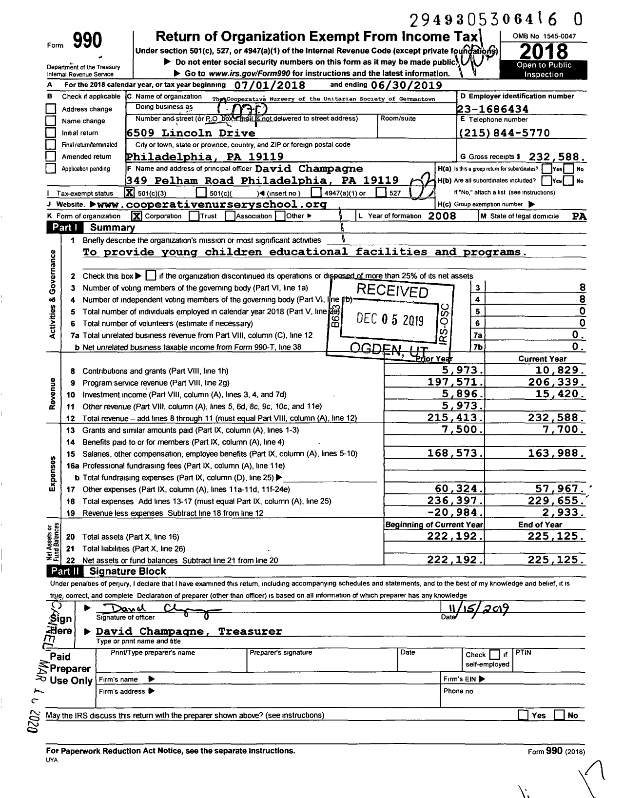 Image of first page of 2018 Form 990 for Cooperative Nursery School at The Unitarian Society of