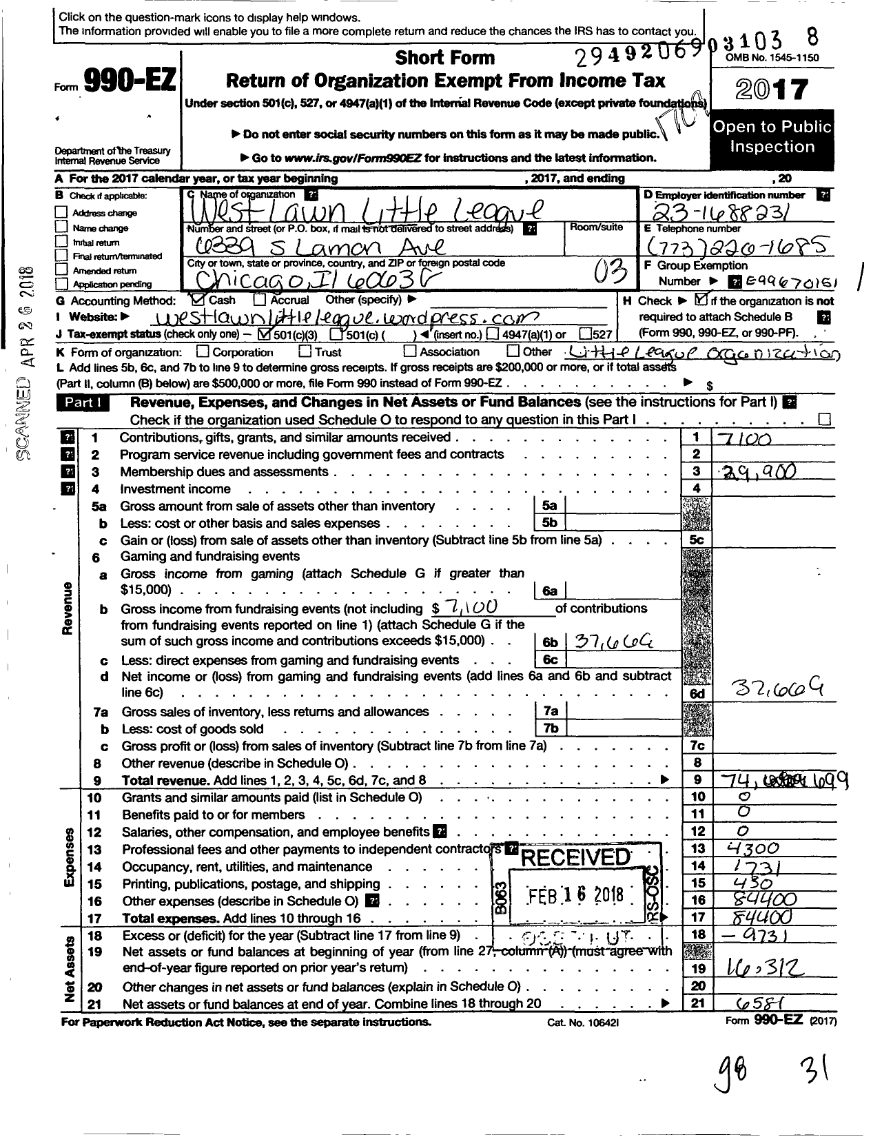 Image of first page of 2016 Form 990EZ for Little League Baseball - Parent Org Do Not Change Address