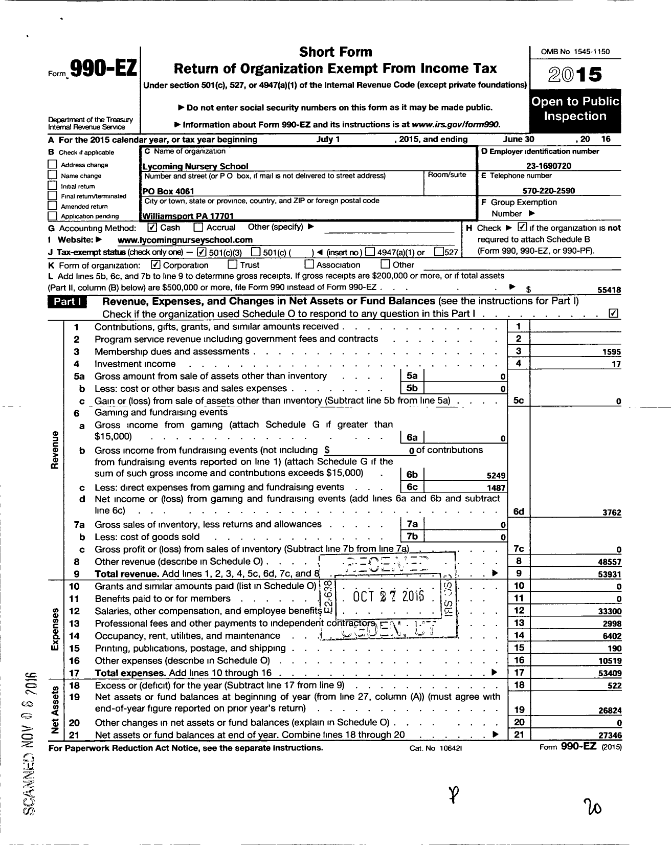 Image of first page of 2015 Form 990EZ for Lycoming Nursery School
