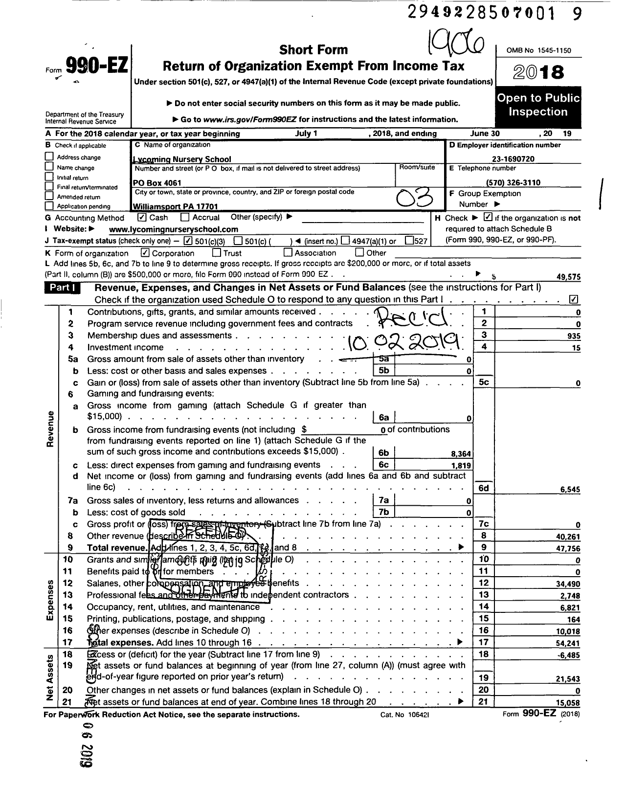 Image of first page of 2018 Form 990EZ for Lycoming Nursery School