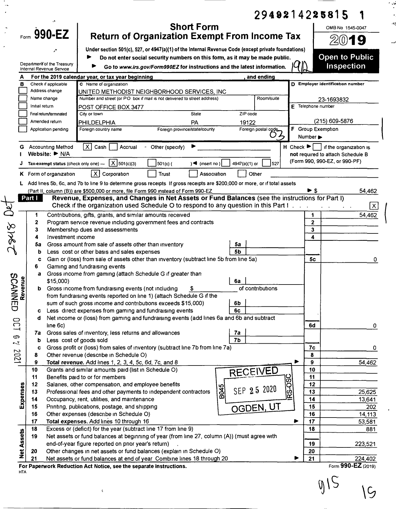 Image of first page of 2019 Form 990EZ for United Methodist Neighborhood Services