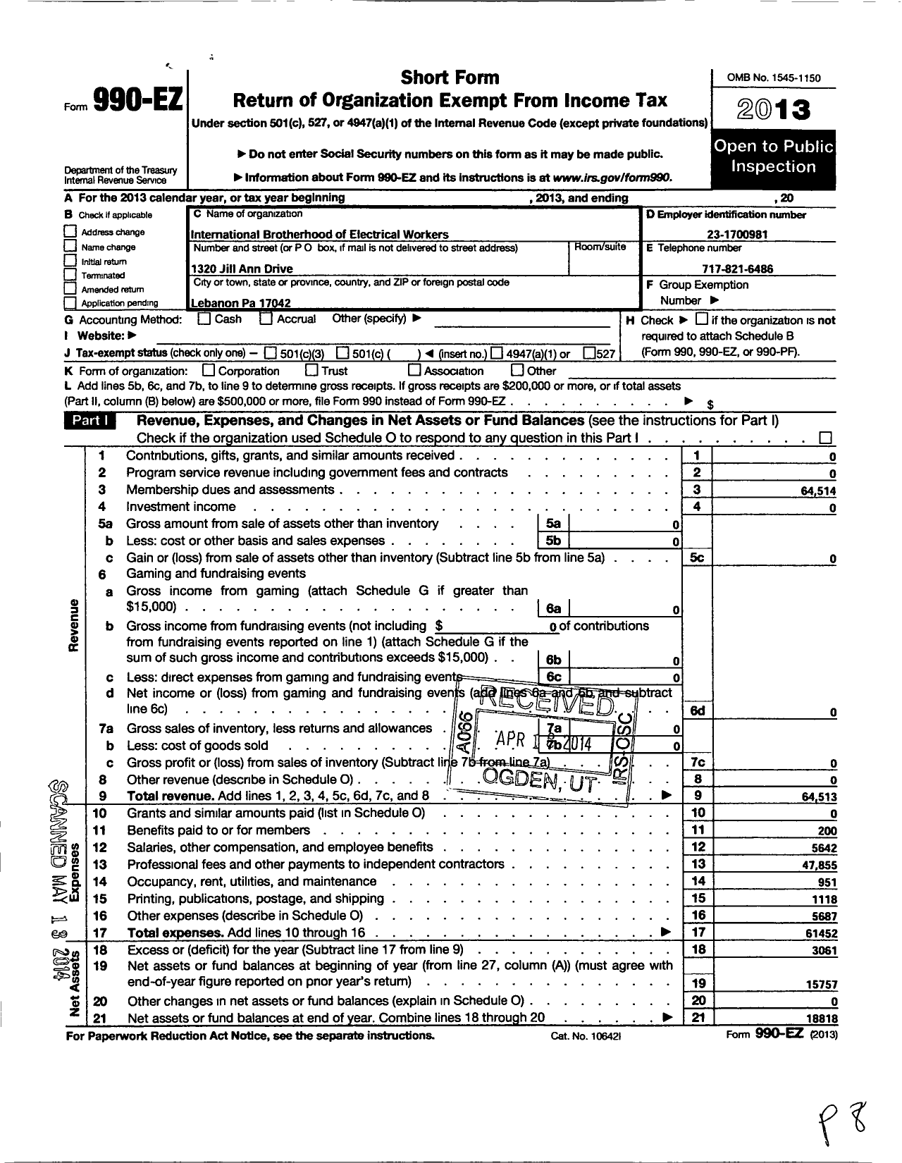 Image of first page of 2013 Form 990EO for International Brotherhood of Electrical Workers - 2269 Local Union