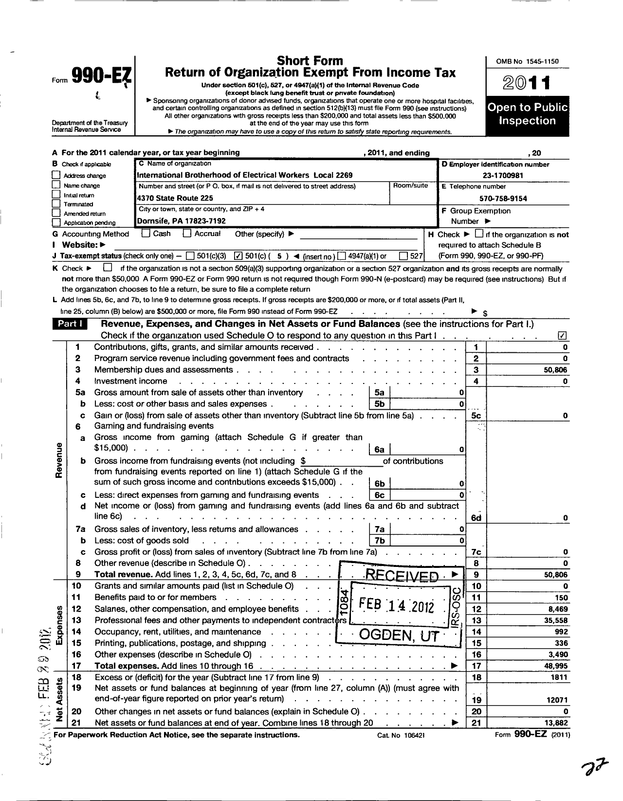 Image of first page of 2011 Form 990EO for International Brotherhood of Electrical Workers - 2269 Local Union