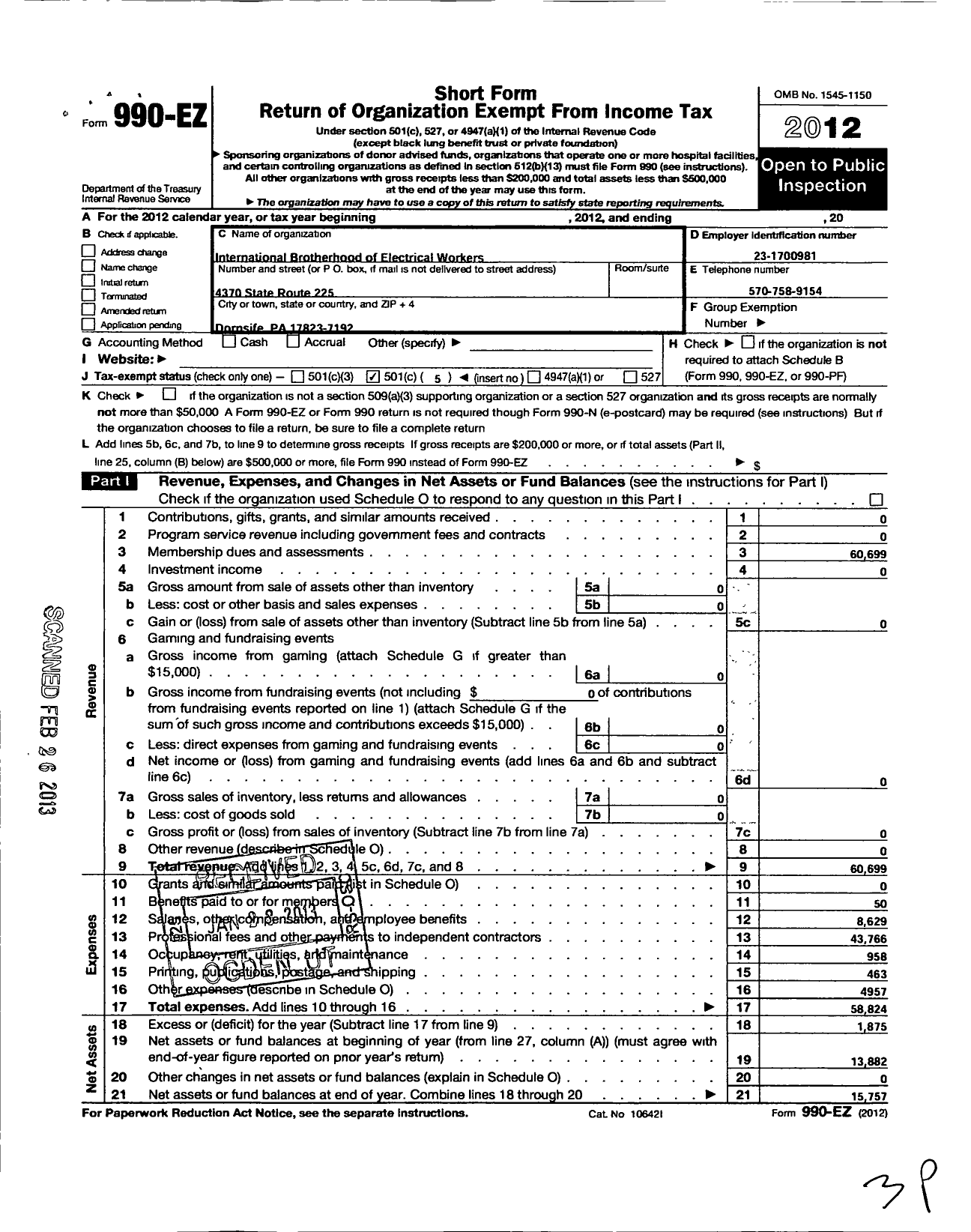 Image of first page of 2012 Form 990EO for International Brotherhood of Electrical Workers - 2269 Local Union