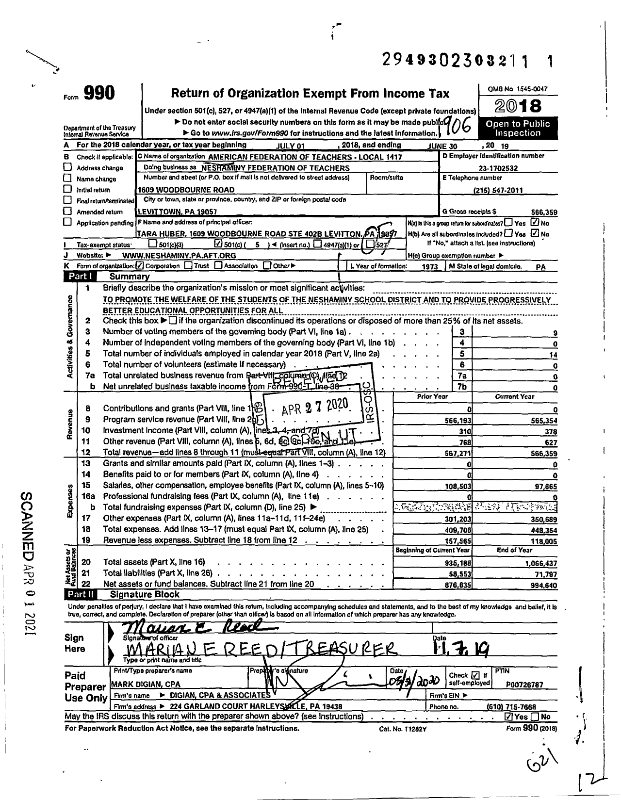 Image of first page of 2018 Form 990O for American Federation of Teachers - Neshaminy Federation of Teachers