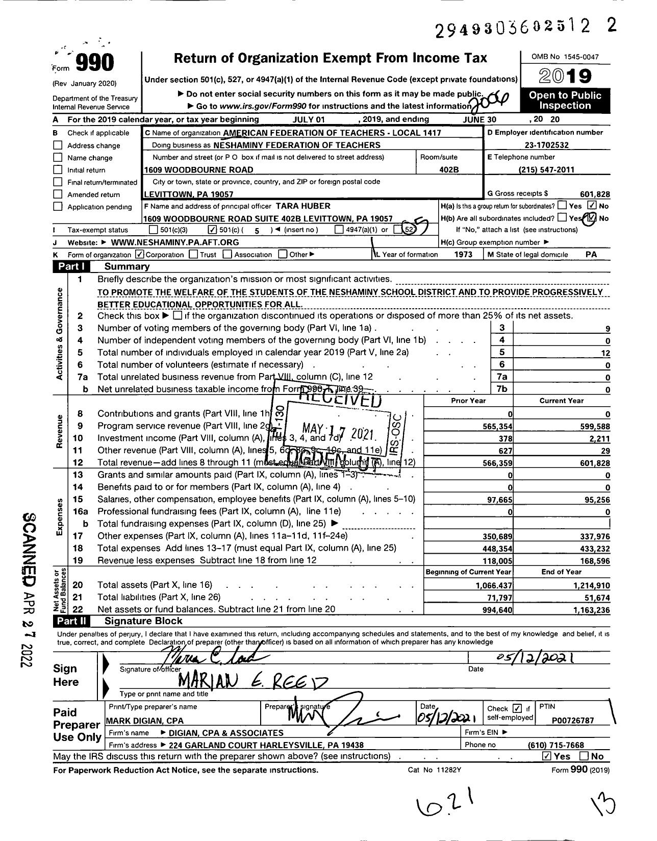 Image of first page of 2019 Form 990O for American Federation of Teachers - Neshaminy Federation of Teachers