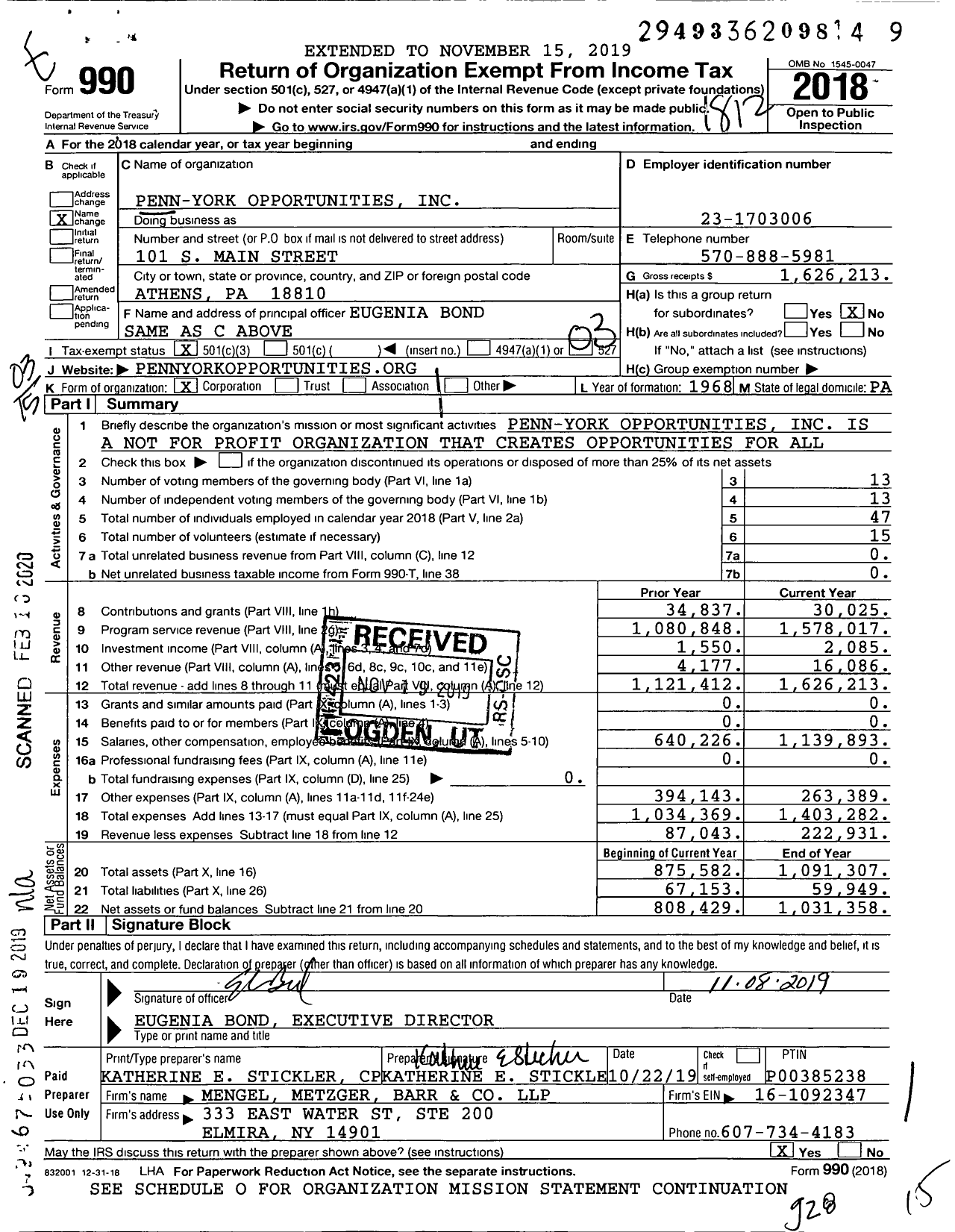 Image of first page of 2018 Form 990 for Penn-York Opportunities