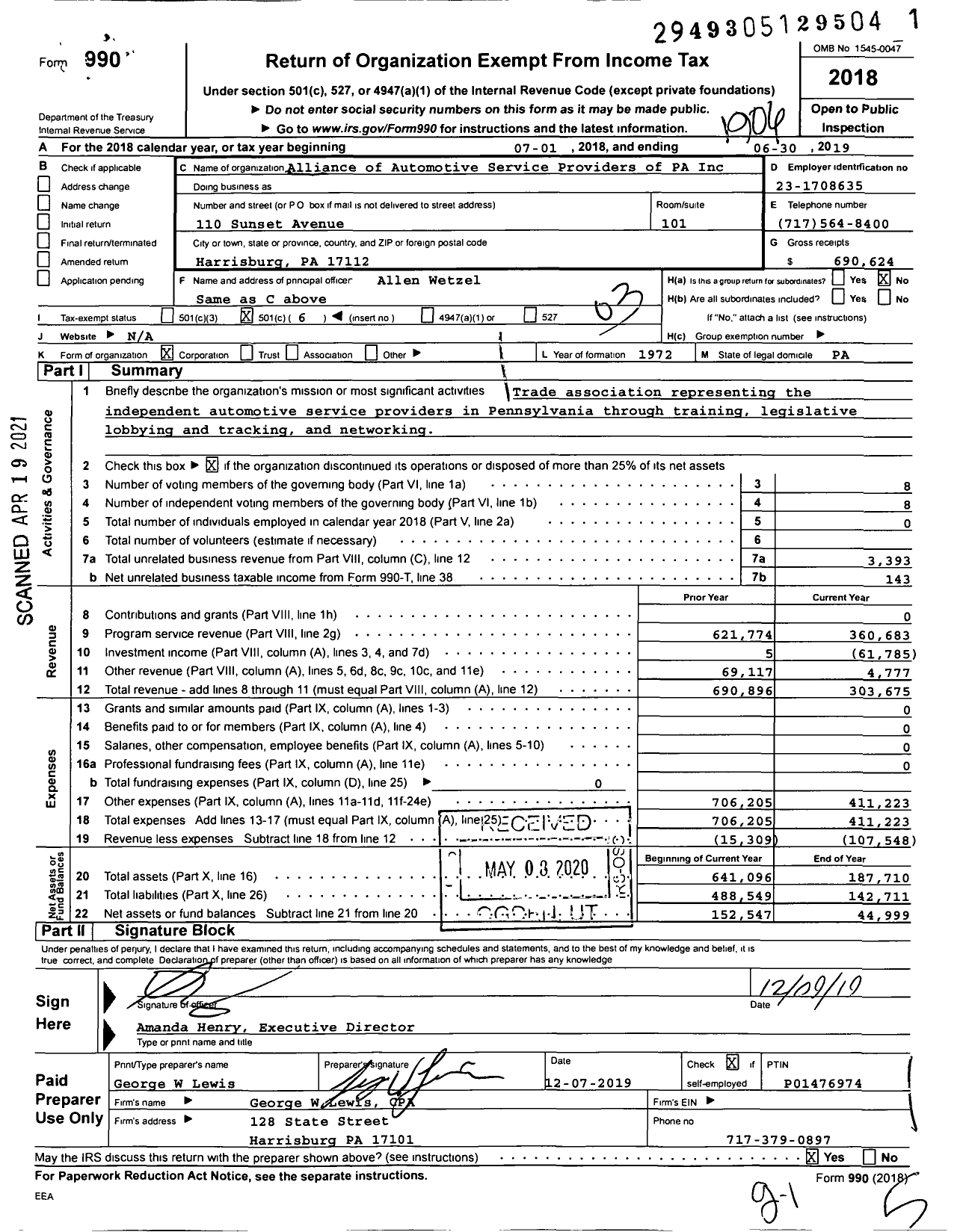 Image of first page of 2018 Form 990 for Alliance of Automotive Service Providers of Pa