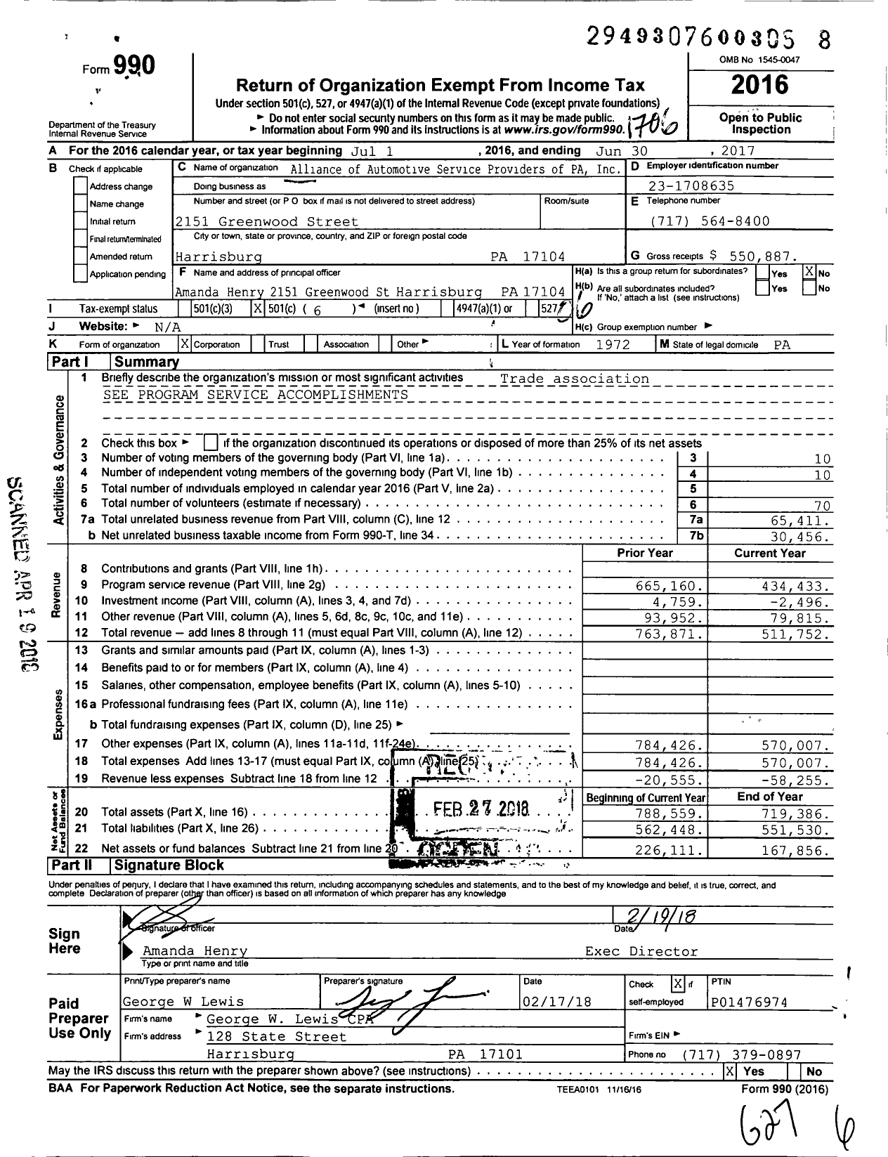 Image of first page of 2016 Form 990O for Alliance of Automotive Service Providers of Pa