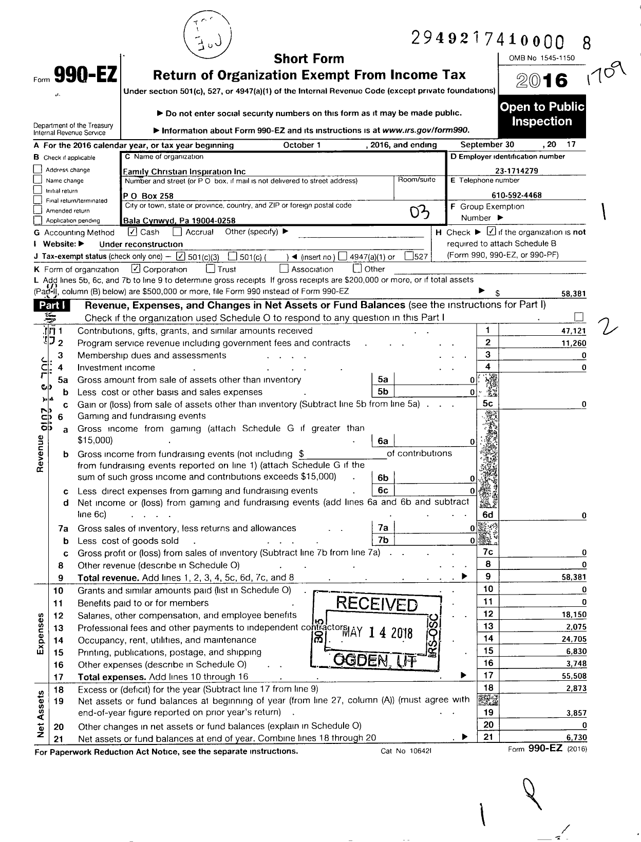 Image of first page of 2016 Form 990EZ for FAMily CHRISTIAN INSPIRATION