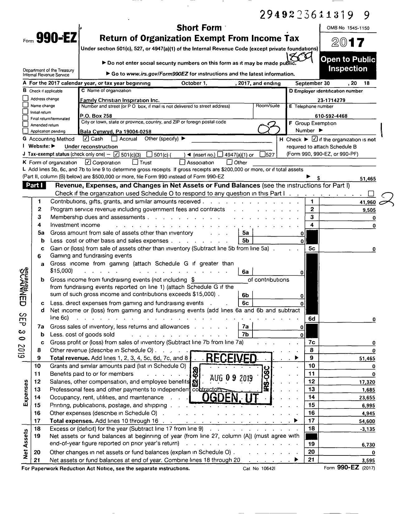 Image of first page of 2017 Form 990EZ for FAMily CHRISTIAN INSPIRATION