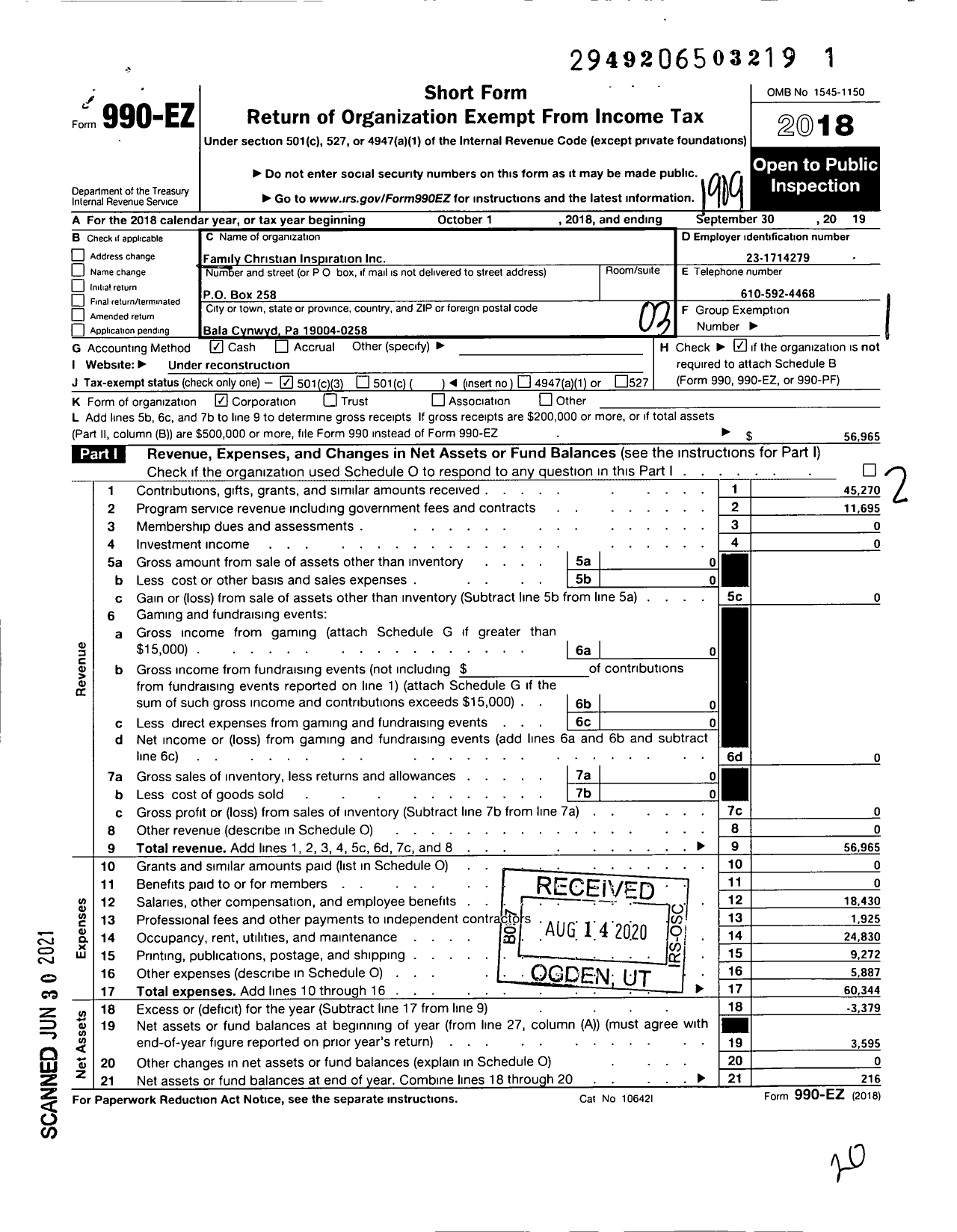 Image of first page of 2018 Form 990EZ for FAMily CHRISTIAN INSPIRATION