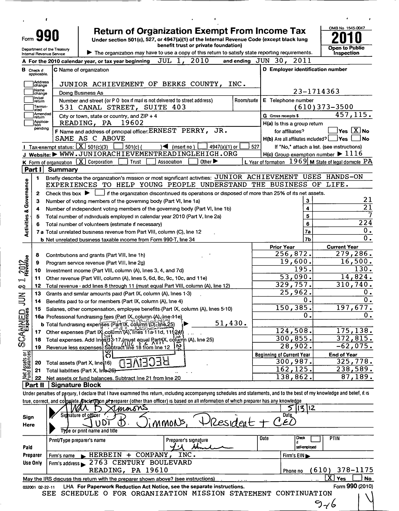 Image of first page of 2010 Form 990 for Junior Achievement of Berks County