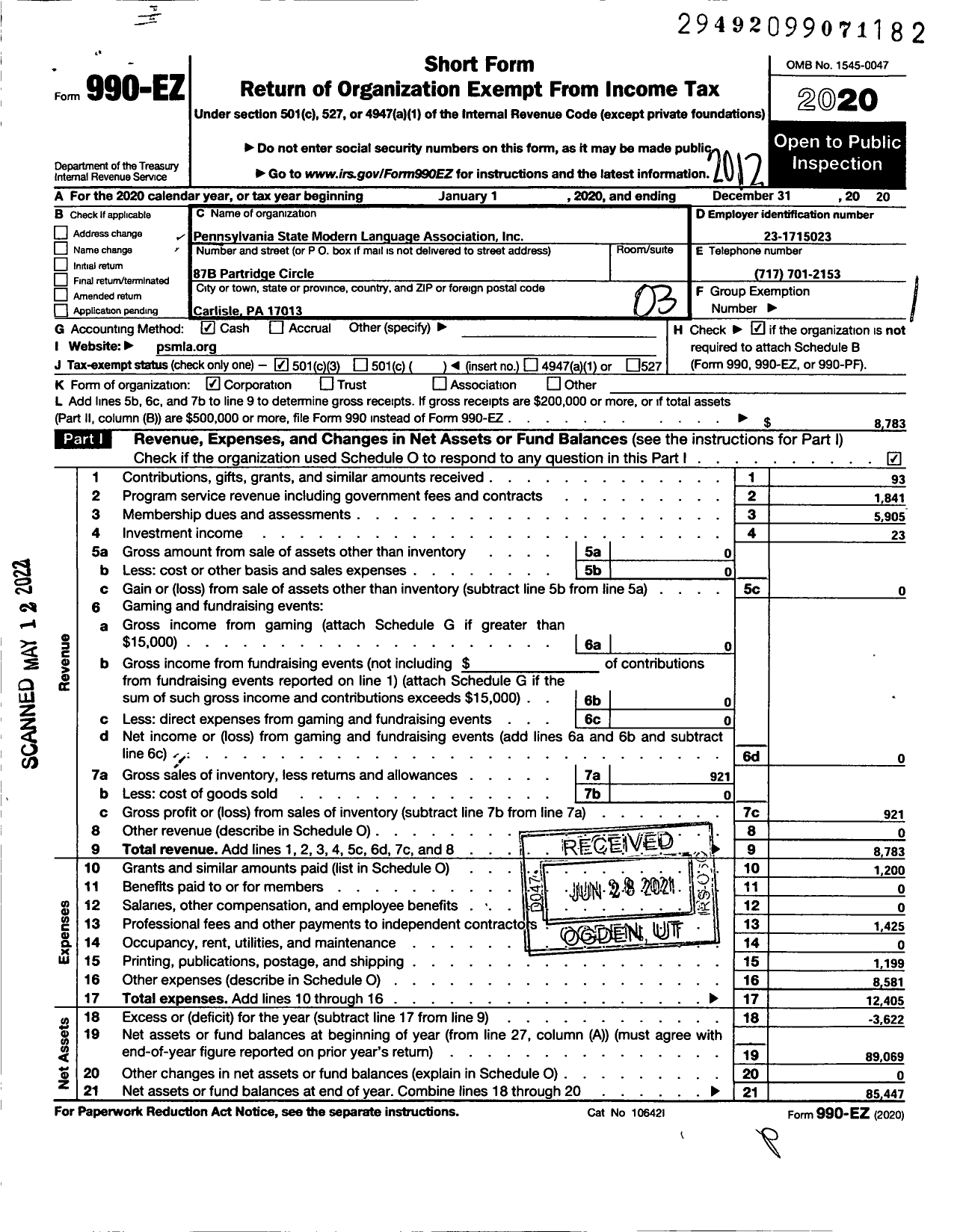 Image of first page of 2020 Form 990EZ for Pennsylvania State Modern Language Association