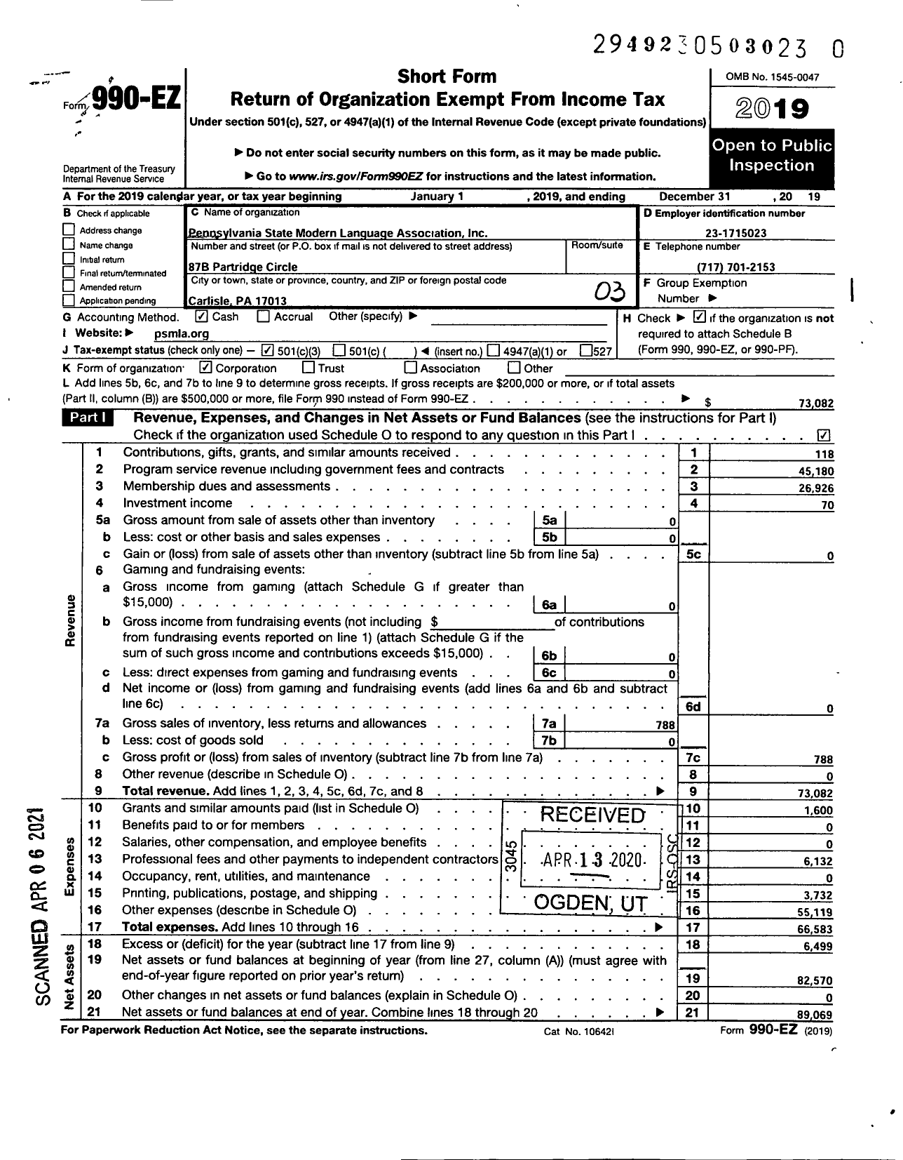 Image of first page of 2019 Form 990EZ for Pennsylvania State Modern Language Association