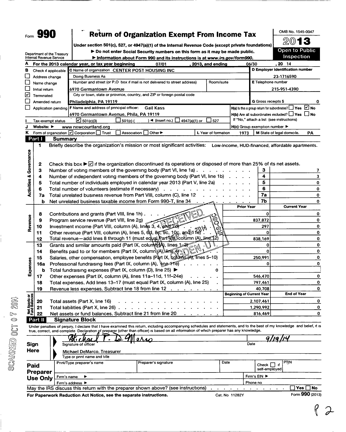 Image of first page of 2013 Form 990 for Center Post Housing
