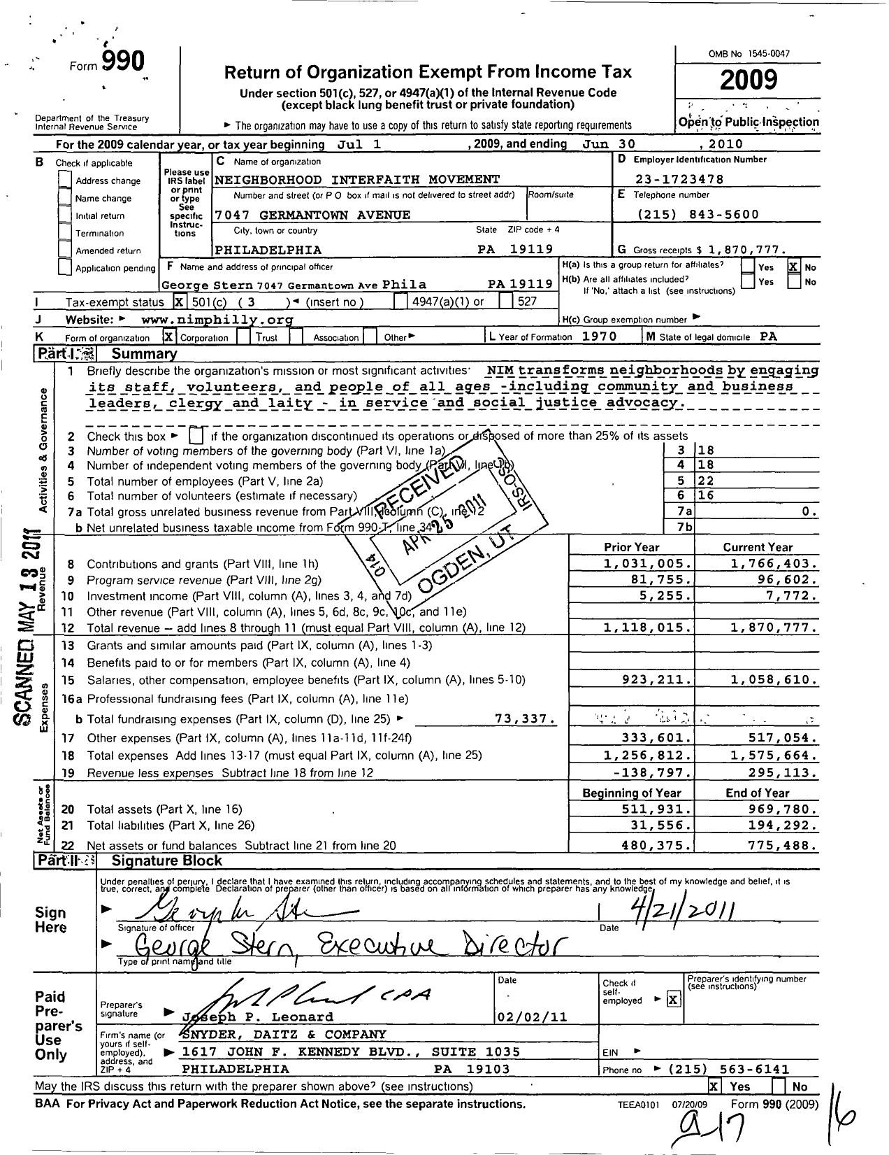 Image of first page of 2009 Form 990 for Neighborhood Interfaith Movement