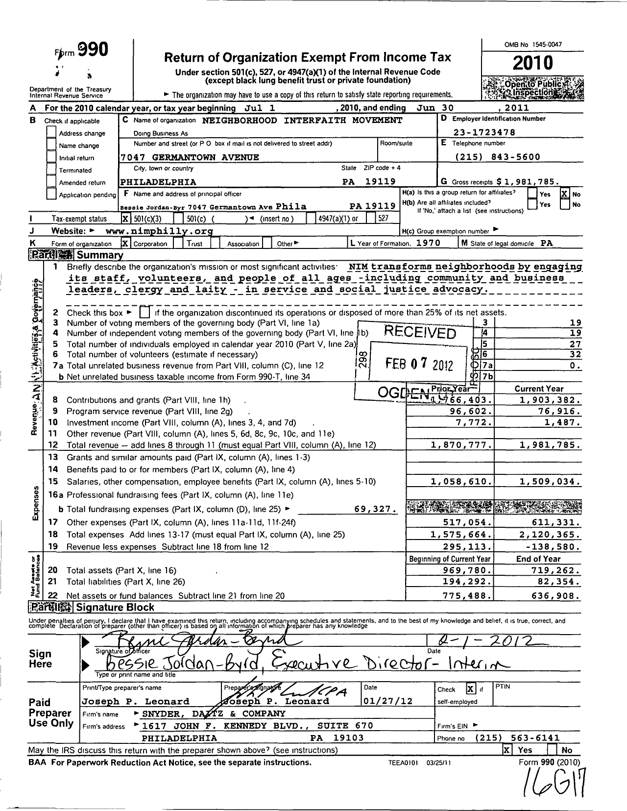 Image of first page of 2010 Form 990 for Neighborhood Interfaith Movement