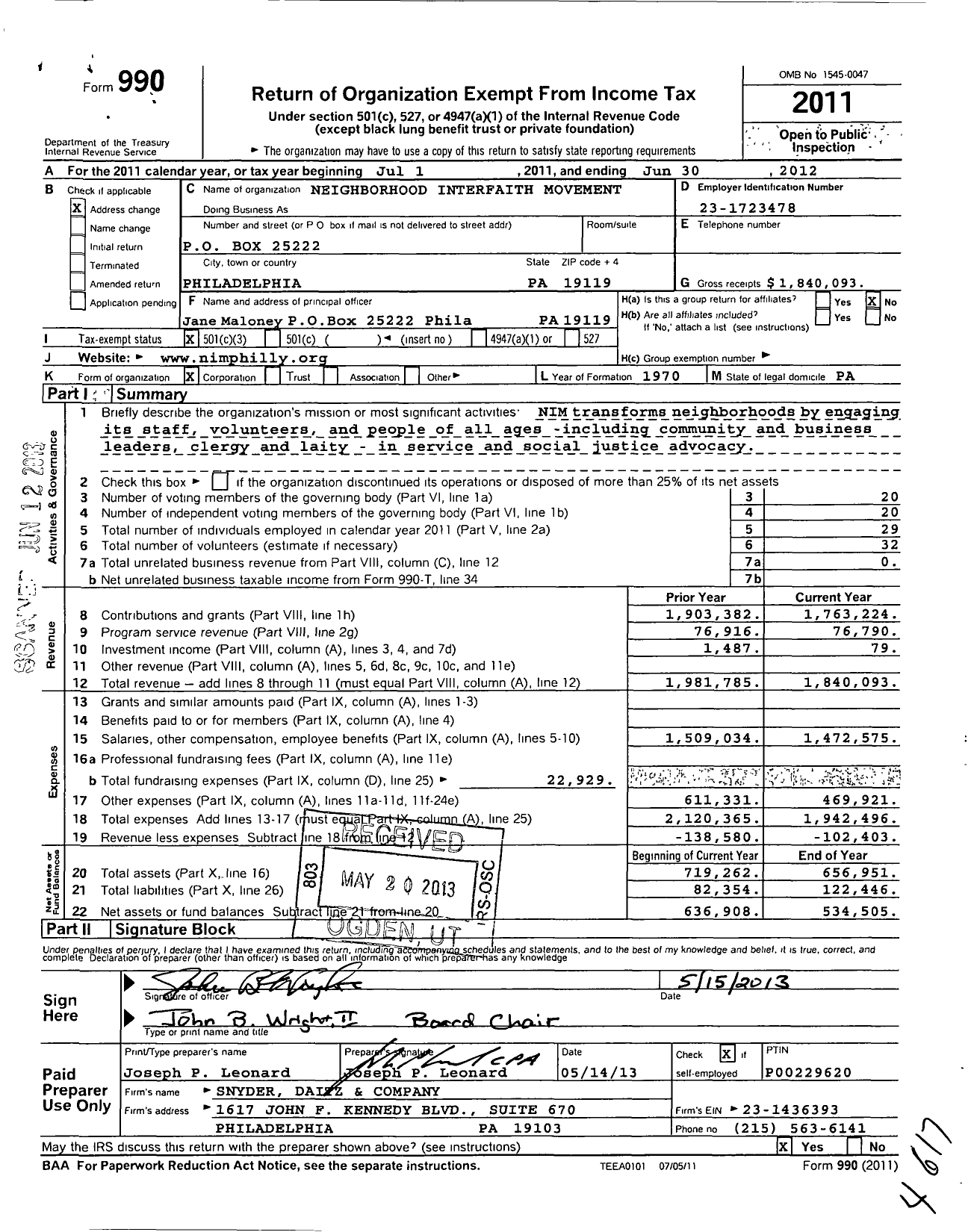 Image of first page of 2011 Form 990 for Neighborhood Interfaith Movement