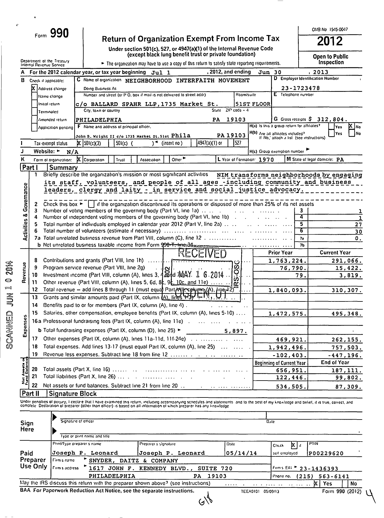 Image of first page of 2012 Form 990 for Neighborhood Interfaith Movement