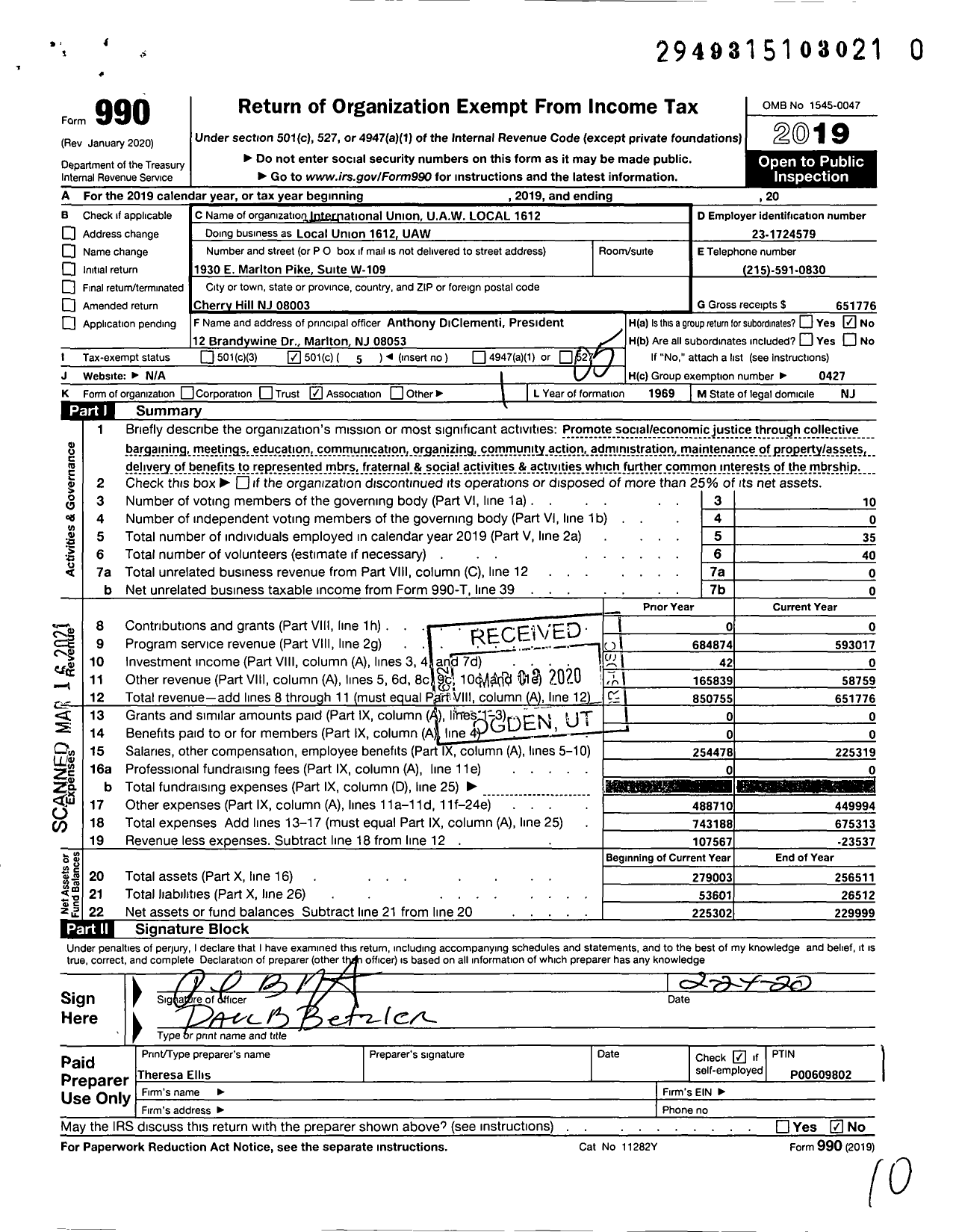 Image of first page of 2019 Form 990O for UAW - LOCAL Union 1612 UAW