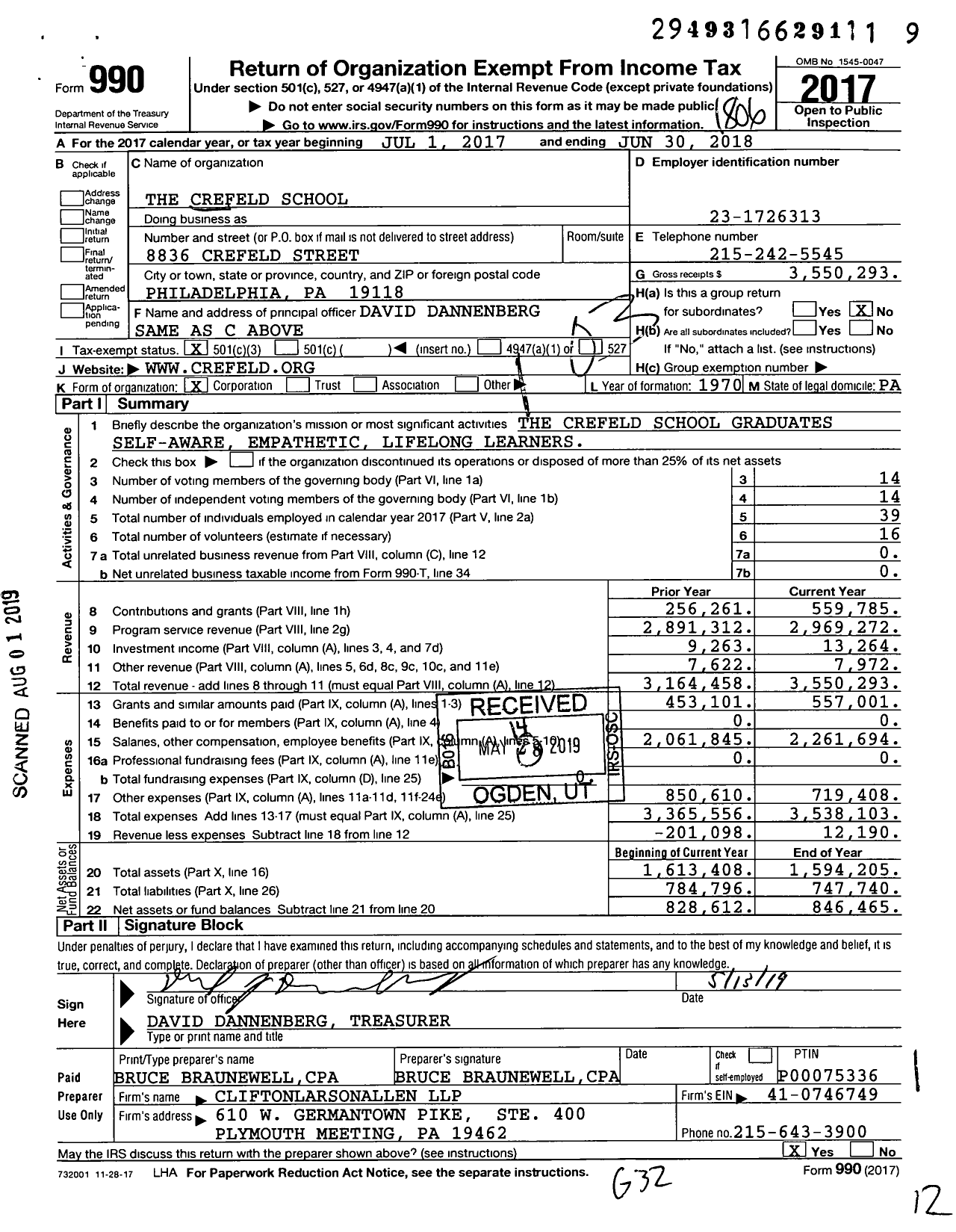 Image of first page of 2017 Form 990 for The Crefeld School