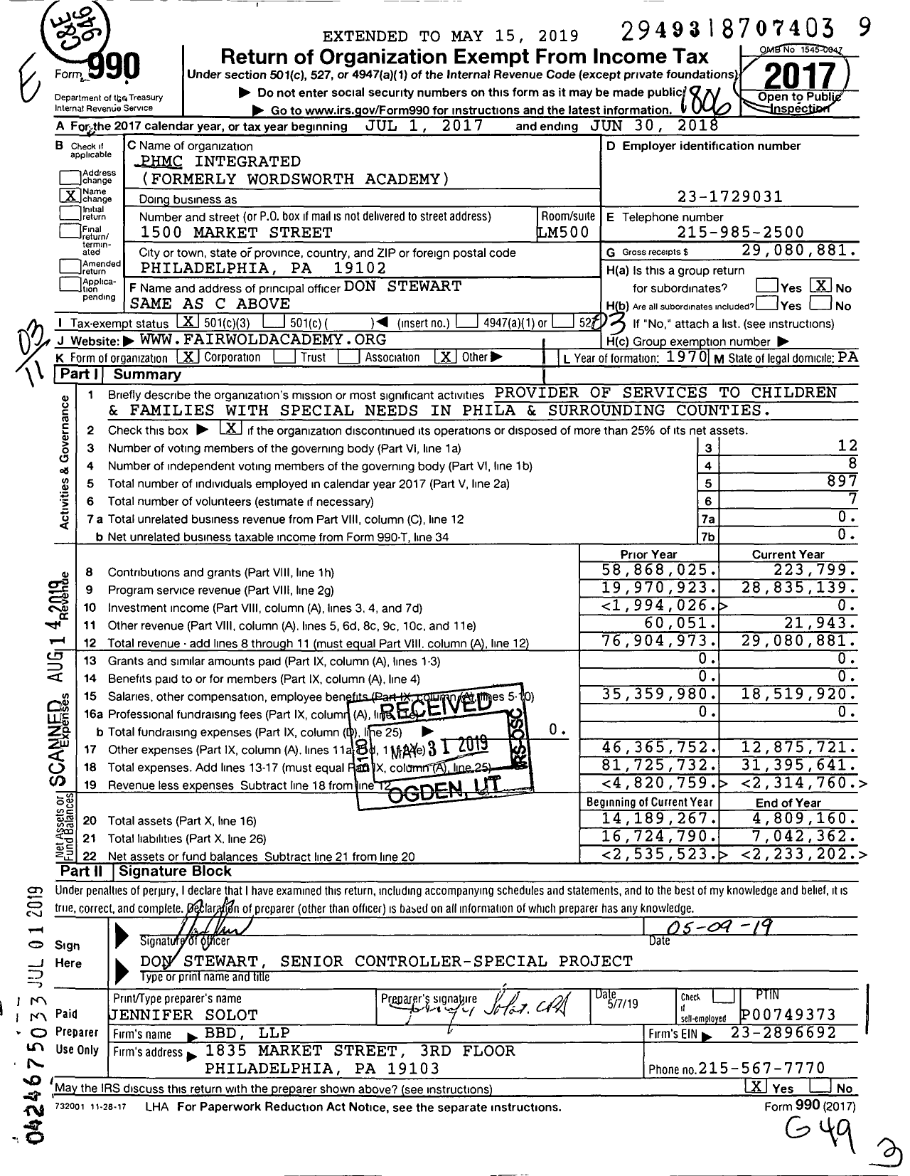 Image of first page of 2017 Form 990 for PHMC Integrated