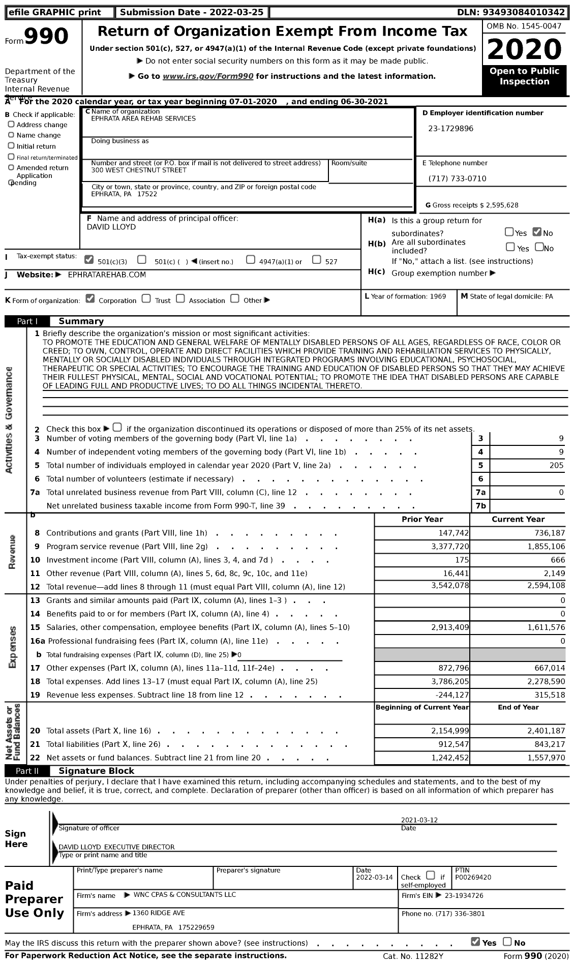 Image of first page of 2020 Form 990 for Ephrata Area Rehab Services (EARS)