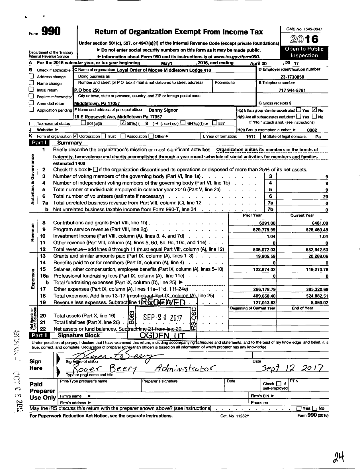 Image of first page of 2016 Form 990O for Loyal Order of Moose - 410