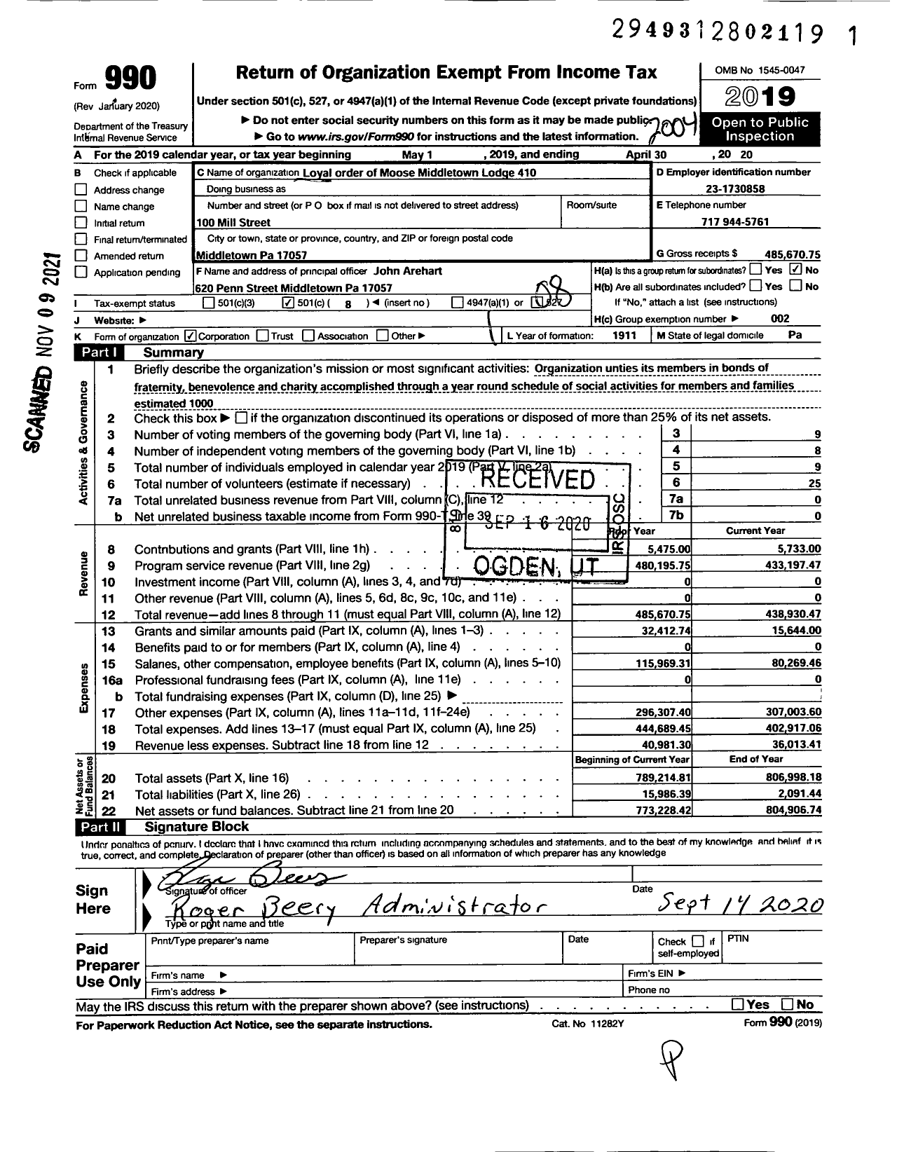 Image of first page of 2019 Form 990O for Loyal Order of Moose - 410