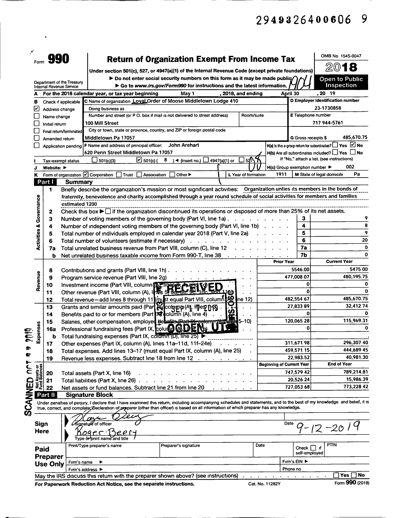 Image of first page of 2018 Form 990O for Loyal Order of Moose - 410