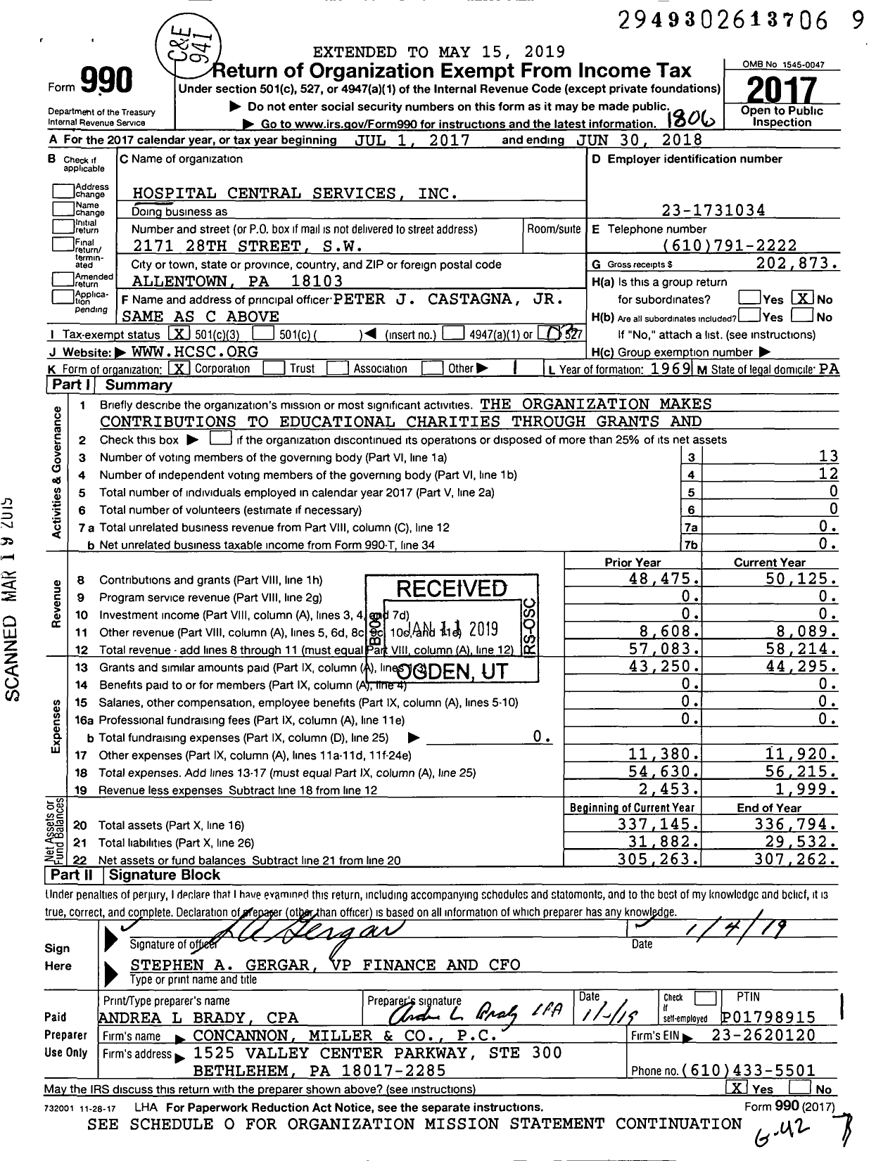 Image of first page of 2017 Form 990 for Hospital Central Services