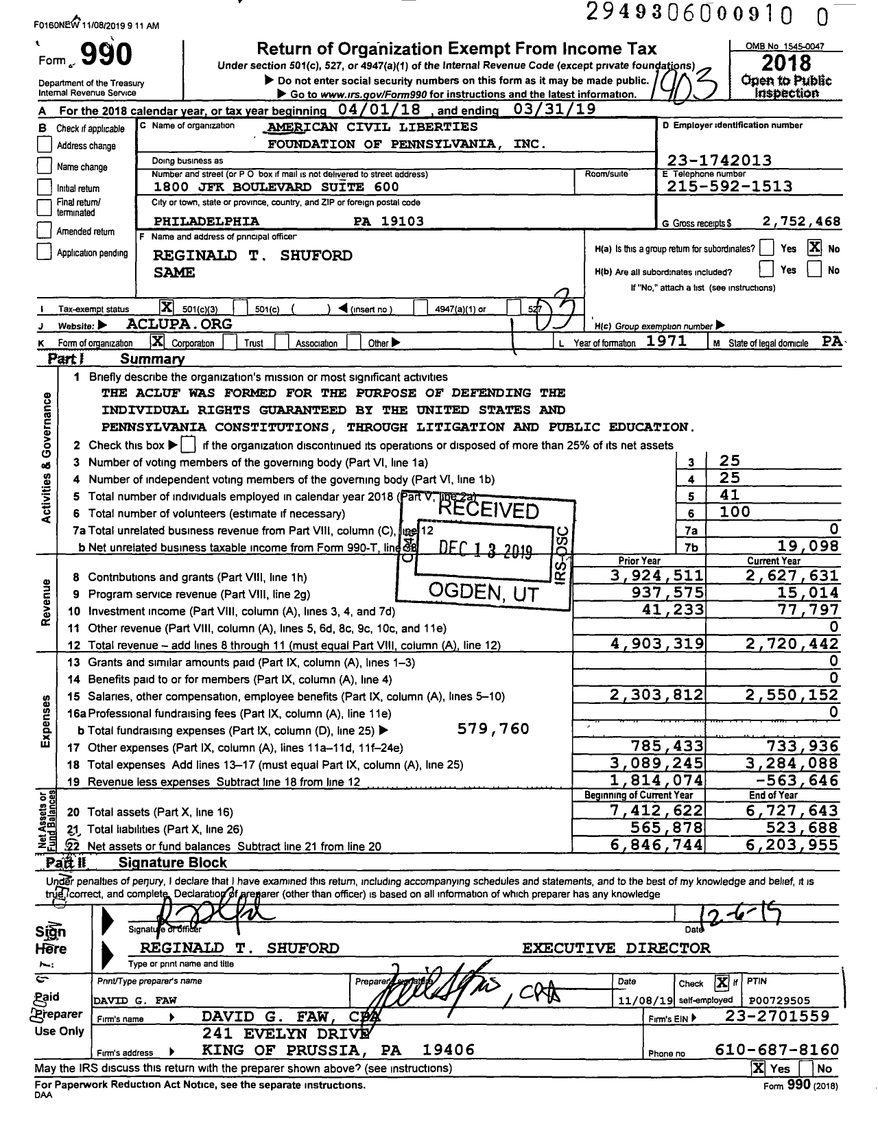 Image of first page of 2018 Form 990 for American Civil Liberties Foundation of Pennsylvania