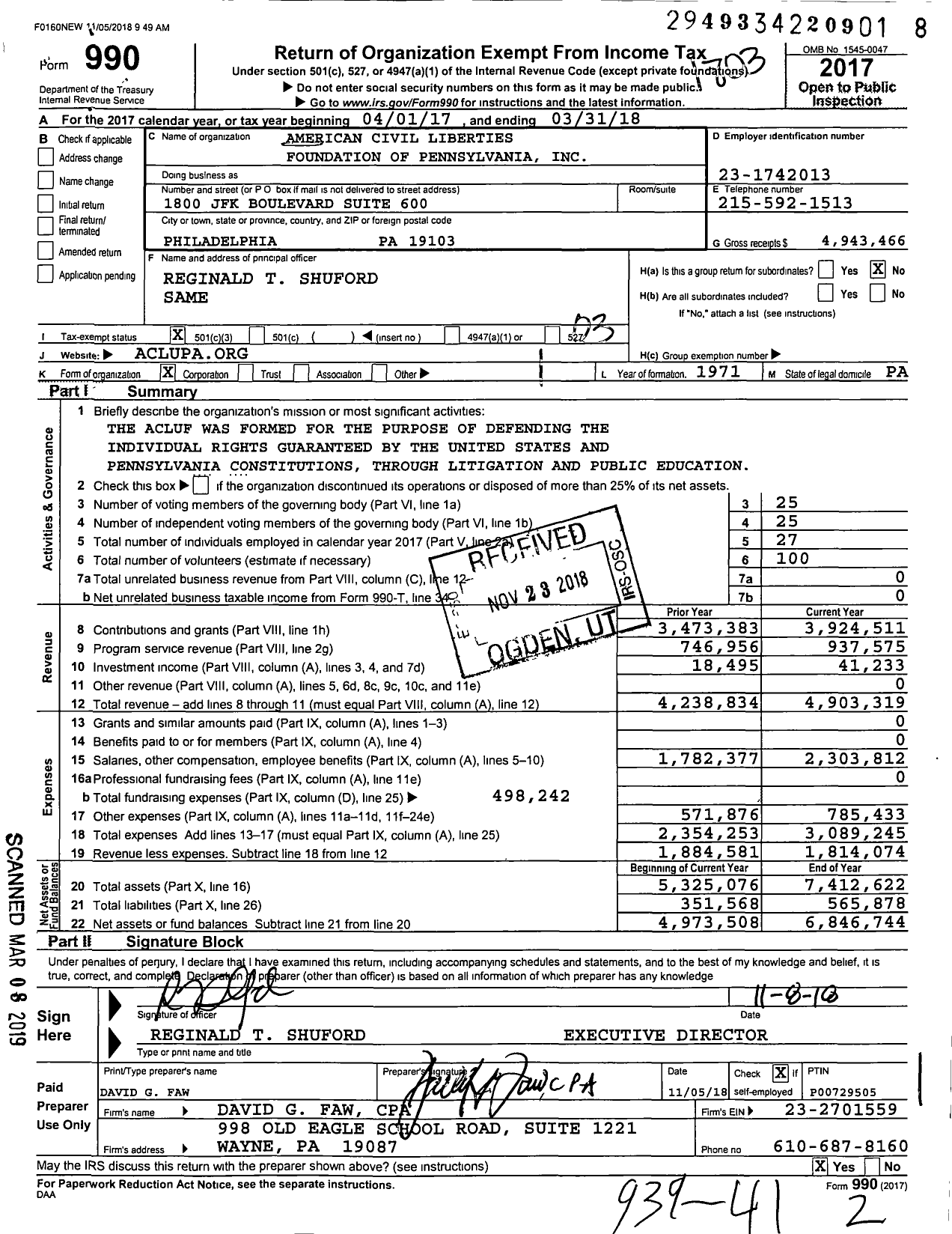 Image of first page of 2017 Form 990 for American Civil Liberties Foundation of Pennsylvania