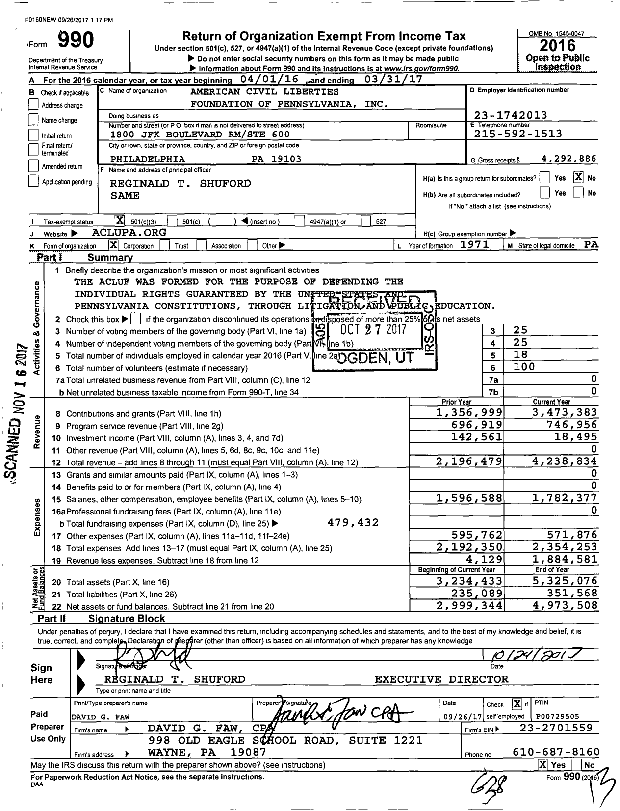 Image of first page of 2016 Form 990 for American Civil Liberties Foundation of Pennsylvania