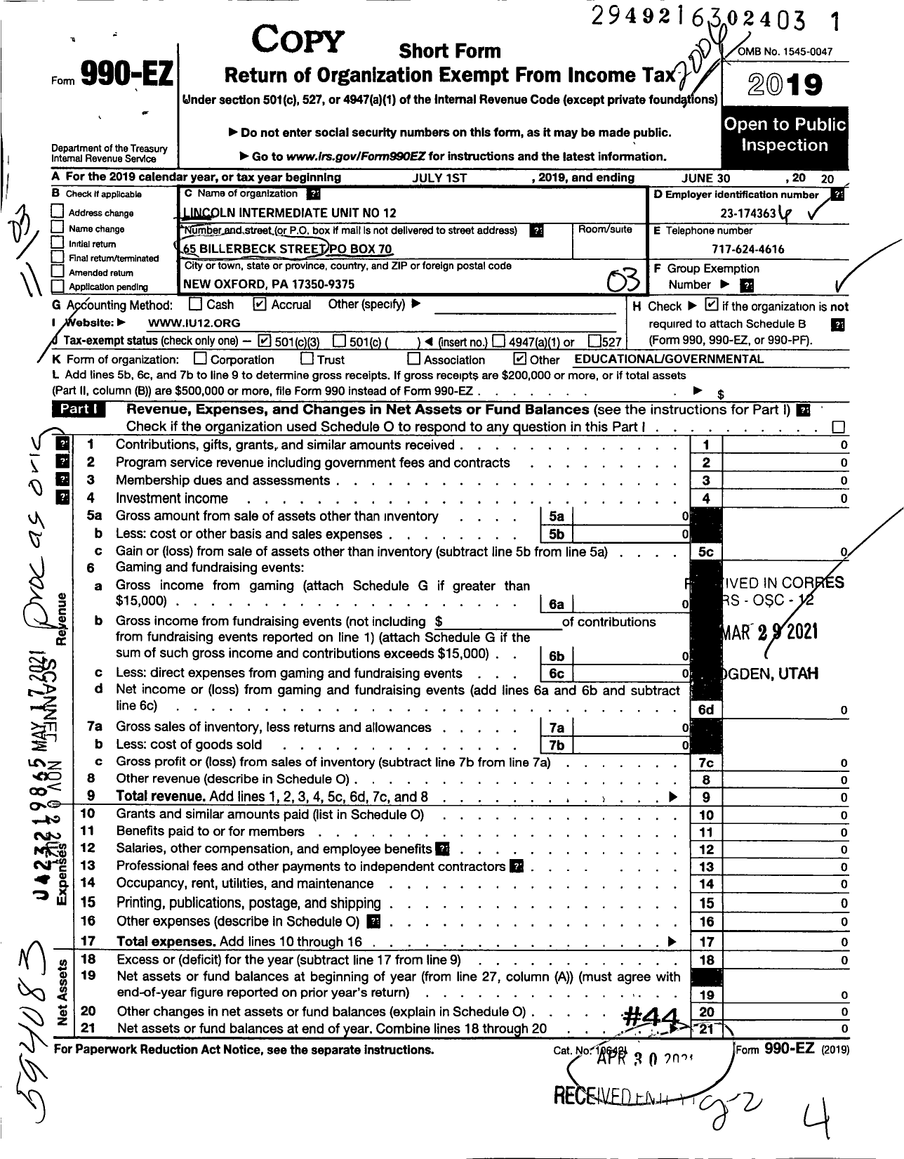 Image of first page of 2019 Form 990EZ for Lincoln Intermediate Unit