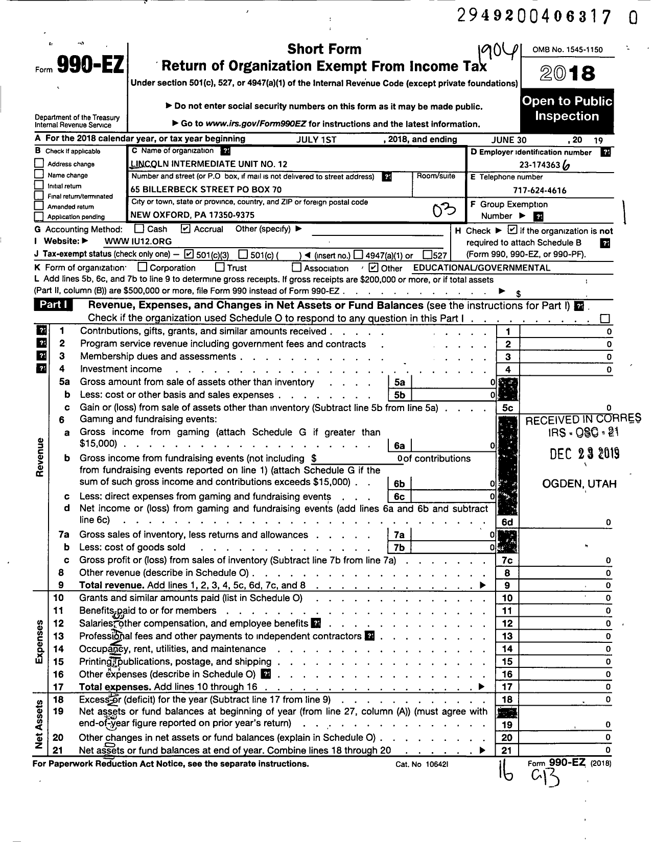 Image of first page of 2018 Form 990EZ for Lincoln Intermediate Unit