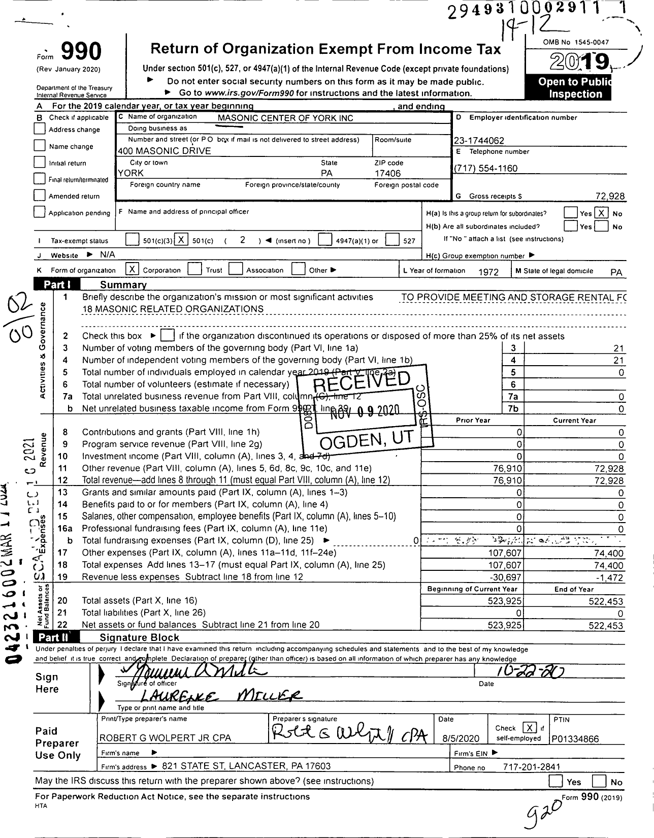 Image of first page of 2019 Form 990O for Masonic Center of York