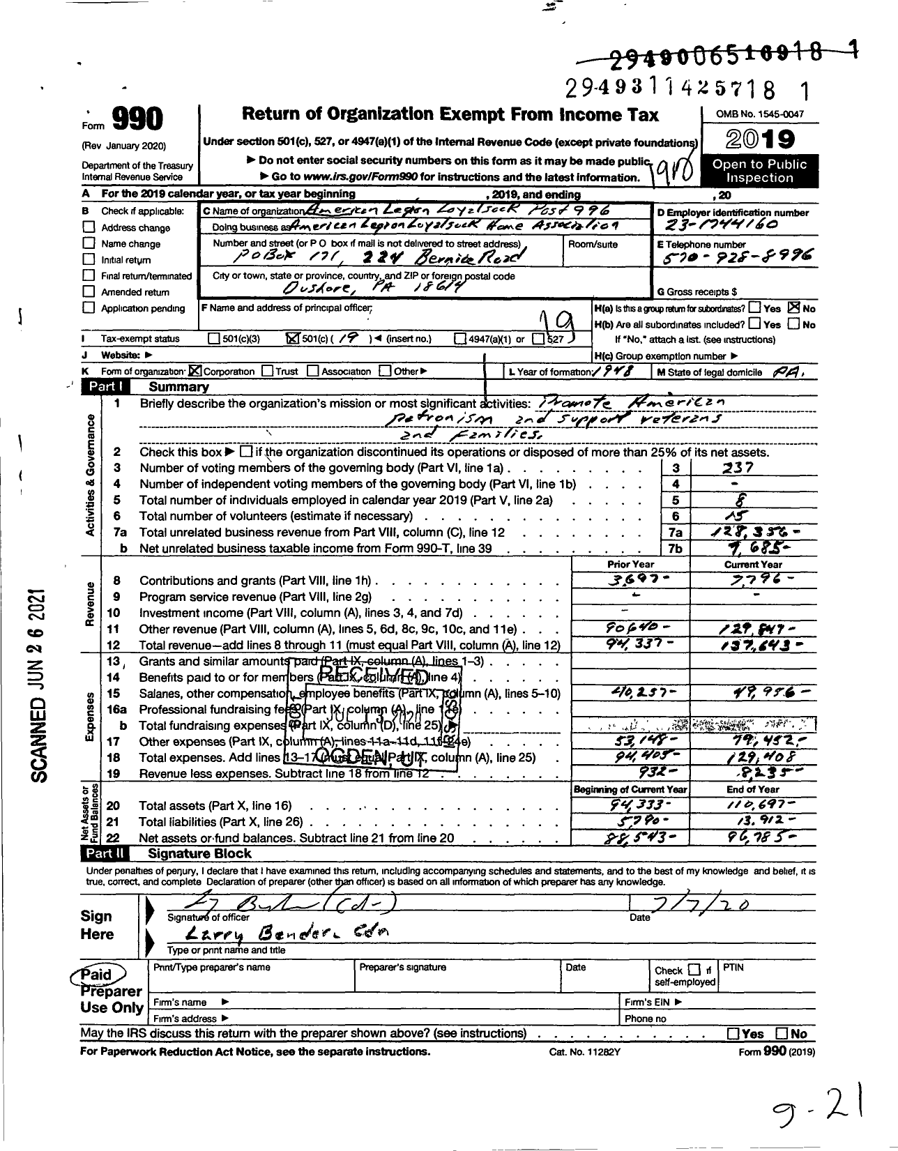 Image of first page of 2019 Form 990O for American Legion - American Legion Loyalsock Post 996