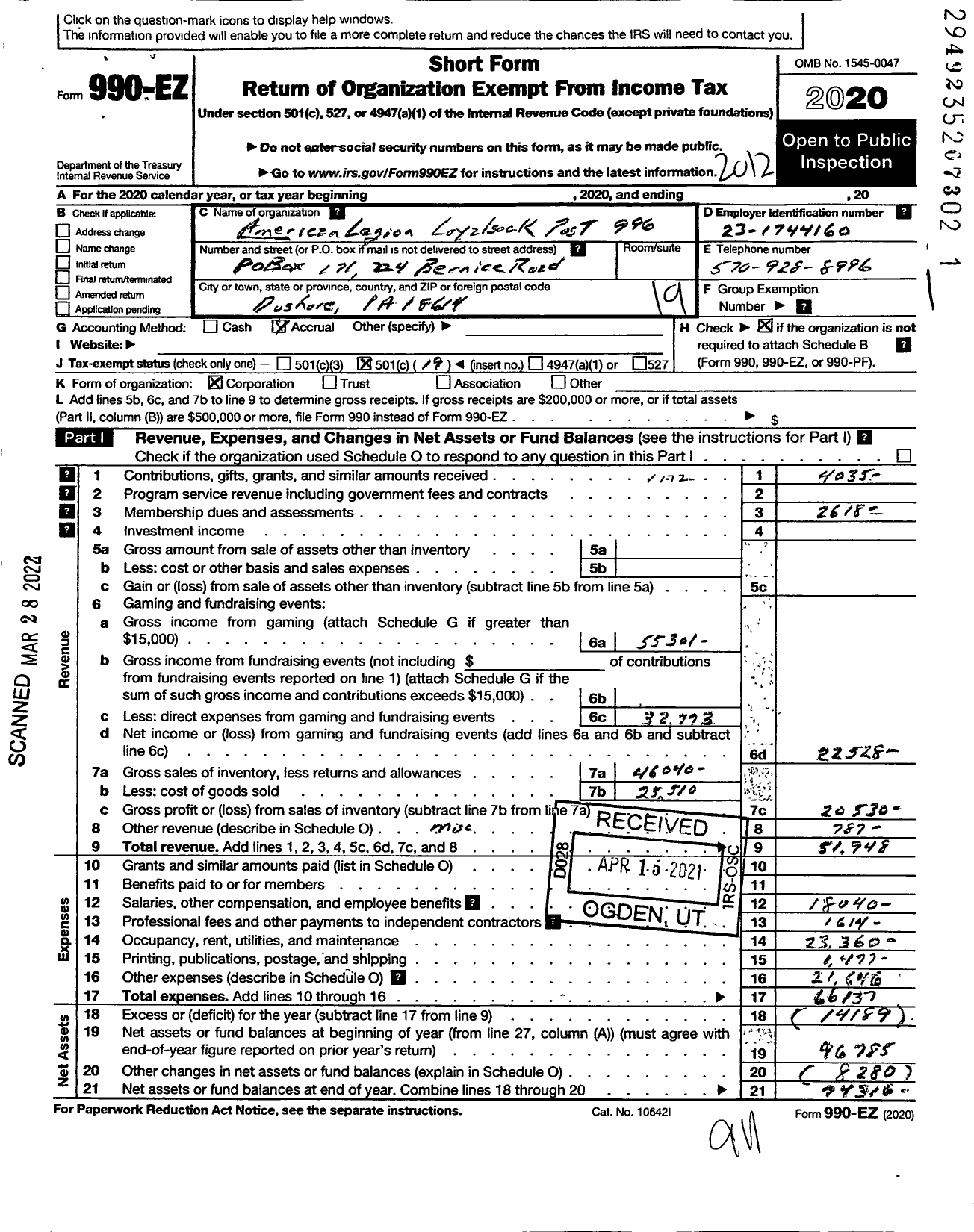 Image of first page of 2020 Form 990EO for American Legion - American Legion Loyalsock Post 996