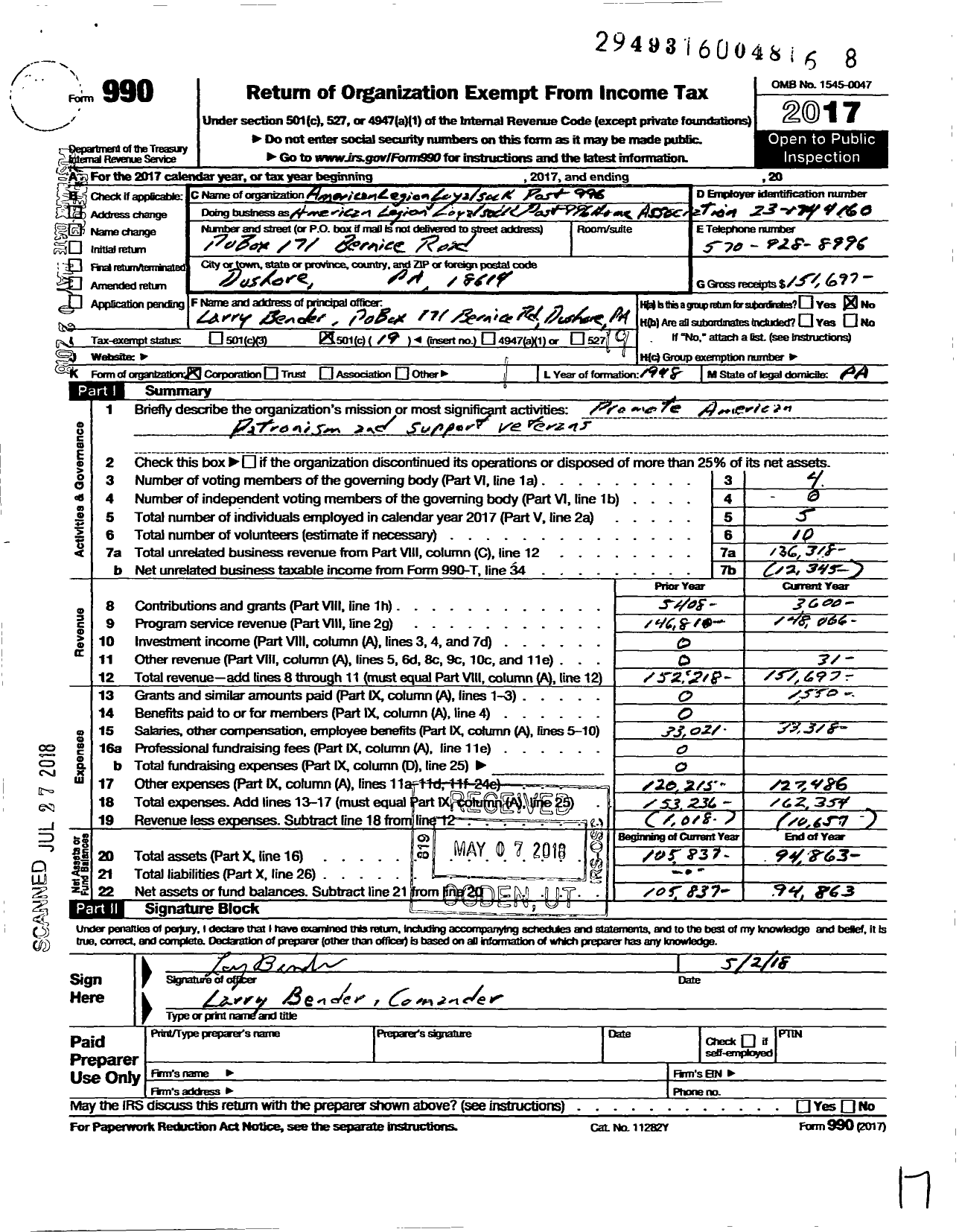 Image of first page of 2017 Form 990O for American Legion - American Legion Loyalsock Post 996