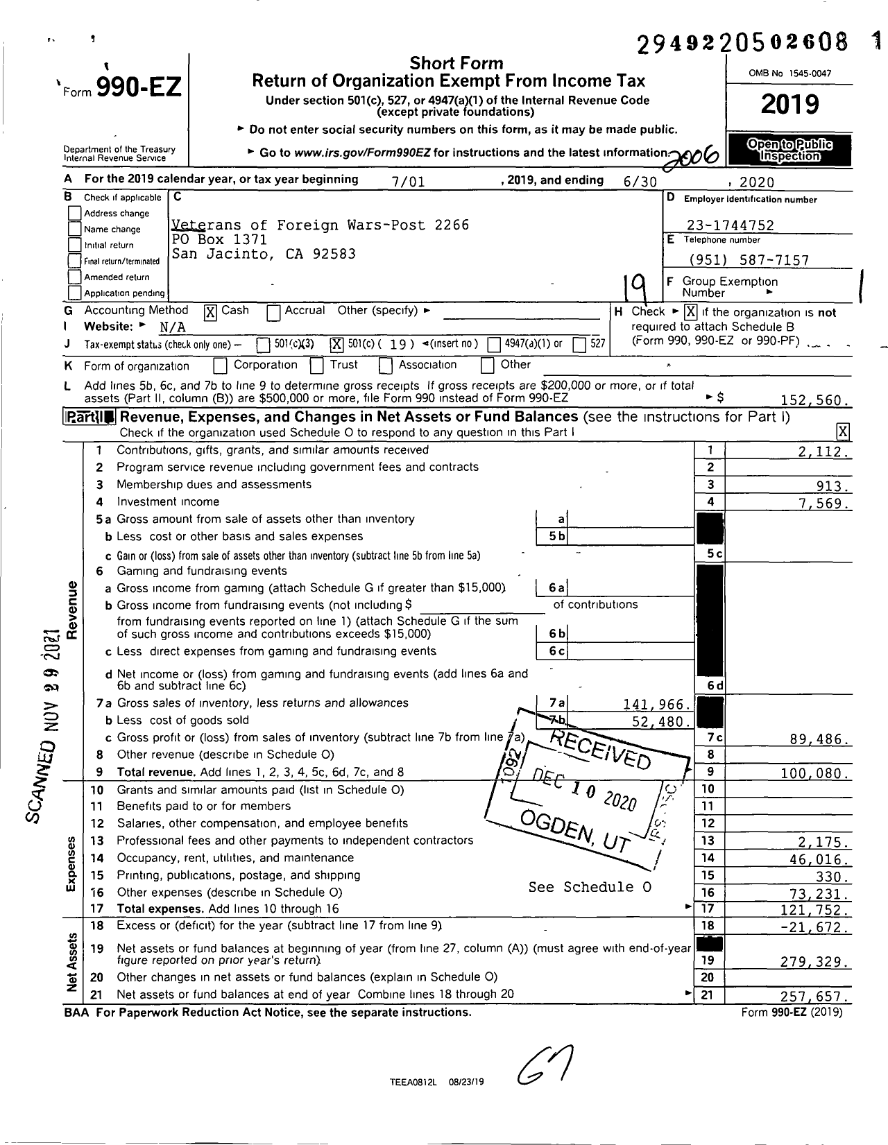 Image of first page of 2019 Form 990EO for VFW California Department - 2266 Harbour Record