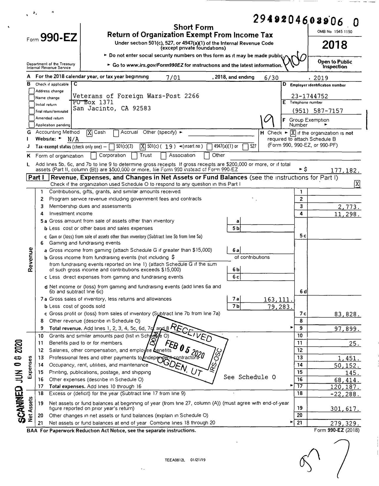 Image of first page of 2018 Form 990EO for VFW California Department - 2266 Harbour Record