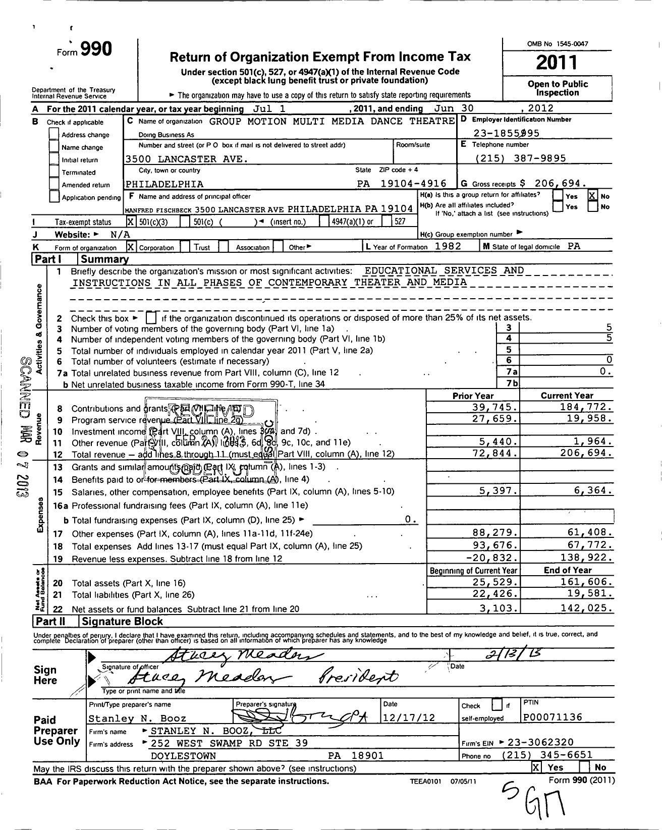 Image of first page of 2011 Form 990 for Group Motion Multi Media Dance Theatre