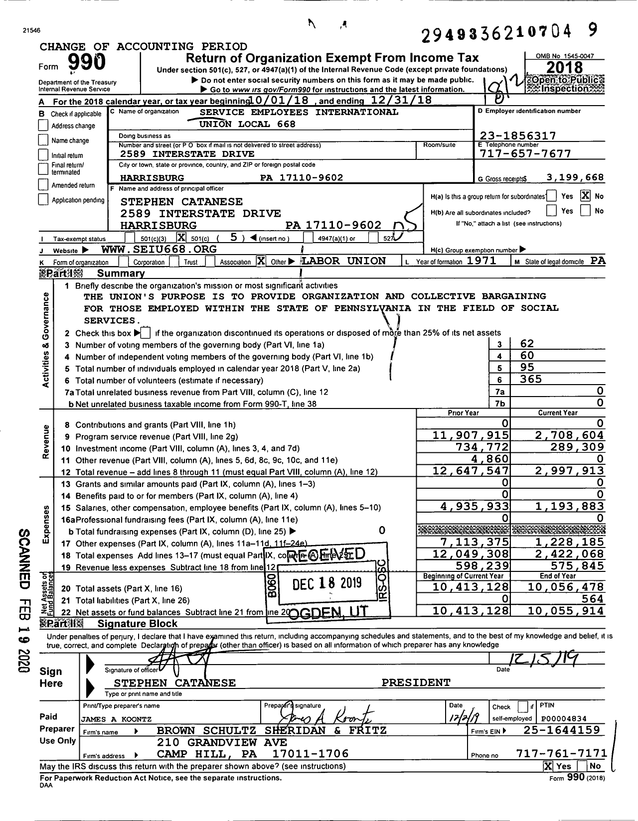 Image of first page of 2018 Form 990O for Service Employees International Union - 668 Pennsylvania Social Services Un