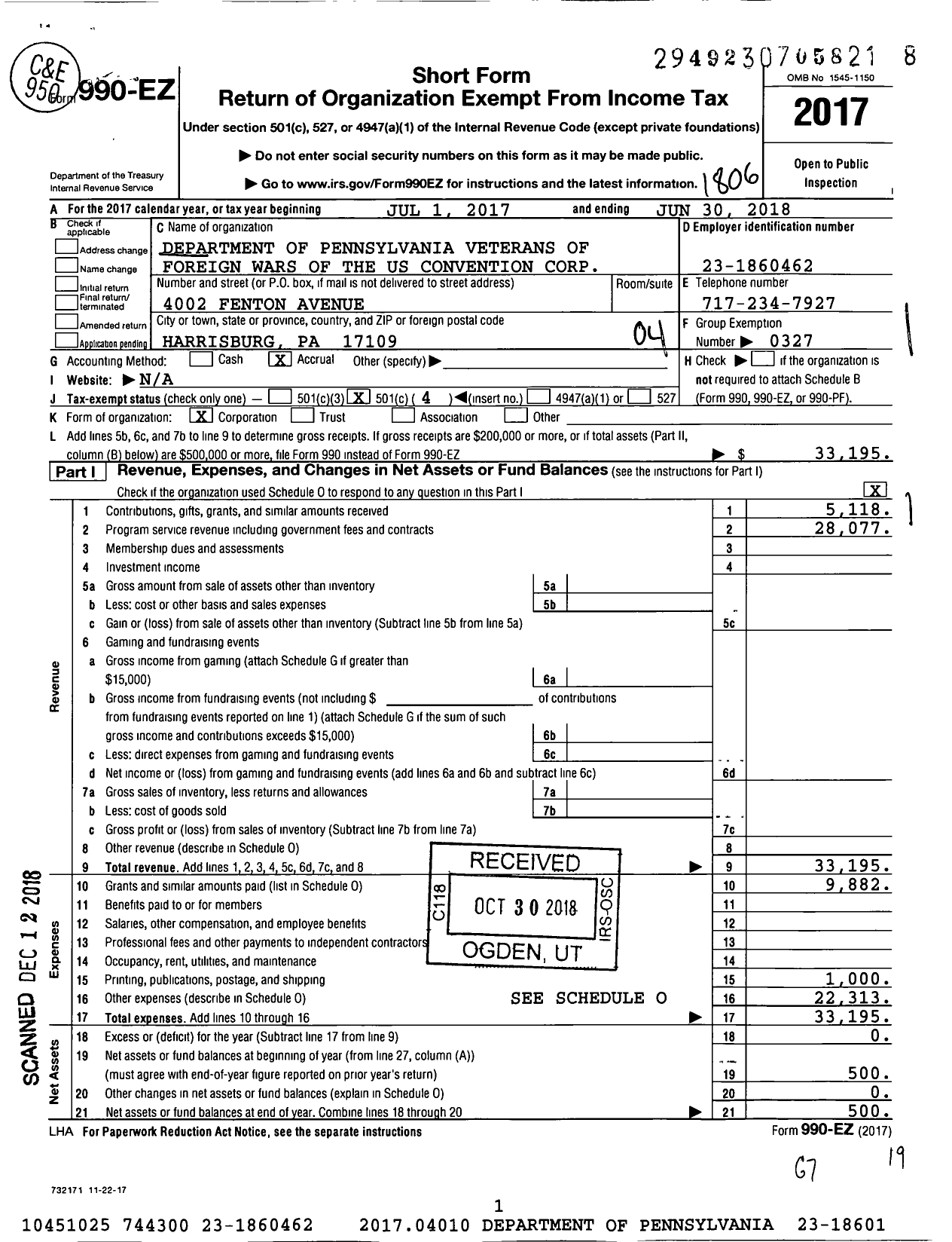 Image of first page of 2017 Form 990EO for VFW Department of Pennsylvania - Convention Corp
